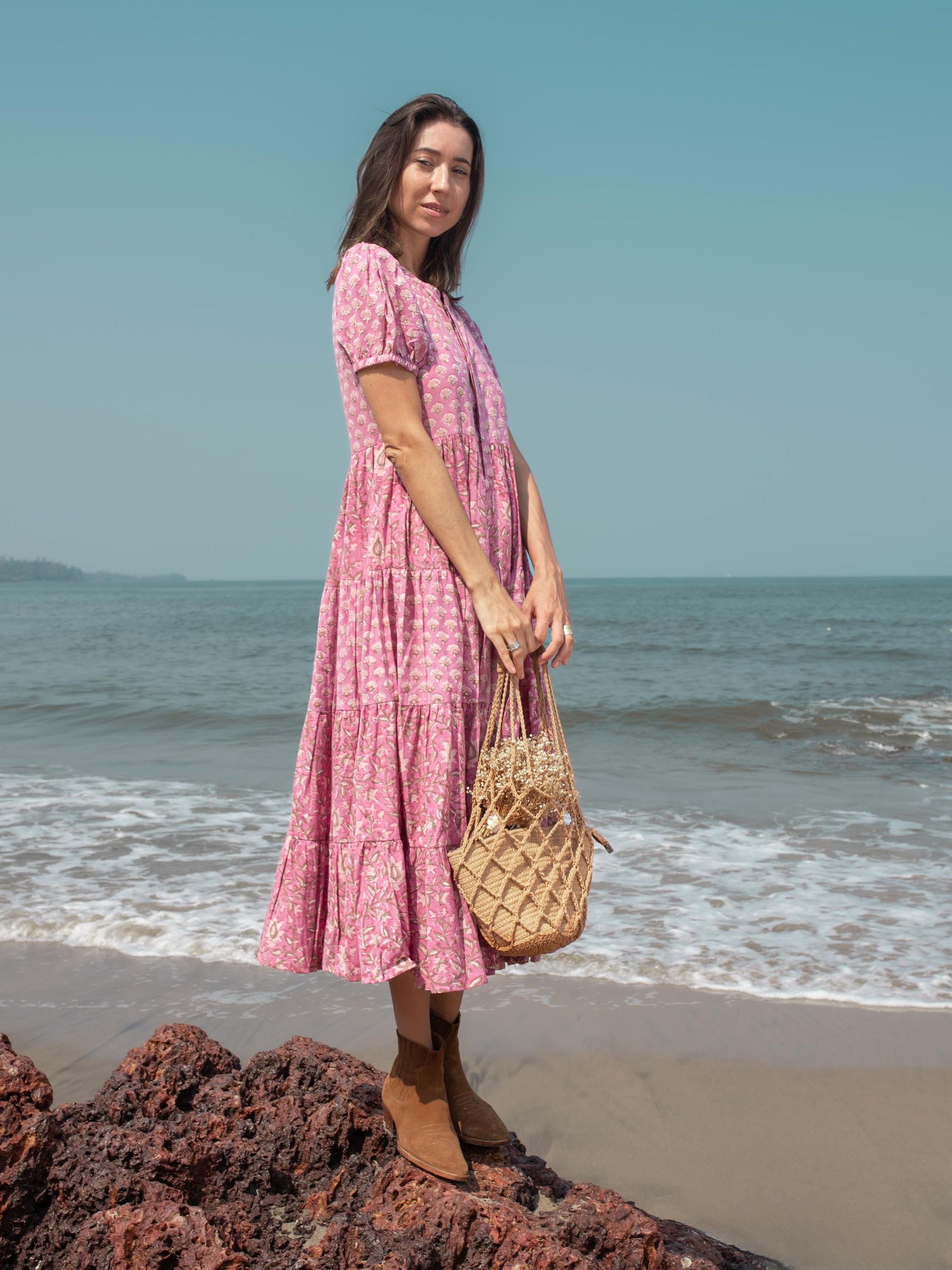 Pink Purple Block print dress, Women dress, Cotton dress Summer Dress, floral boho Beach dress, Vacation Bohemian Long Maxi Button Dress
