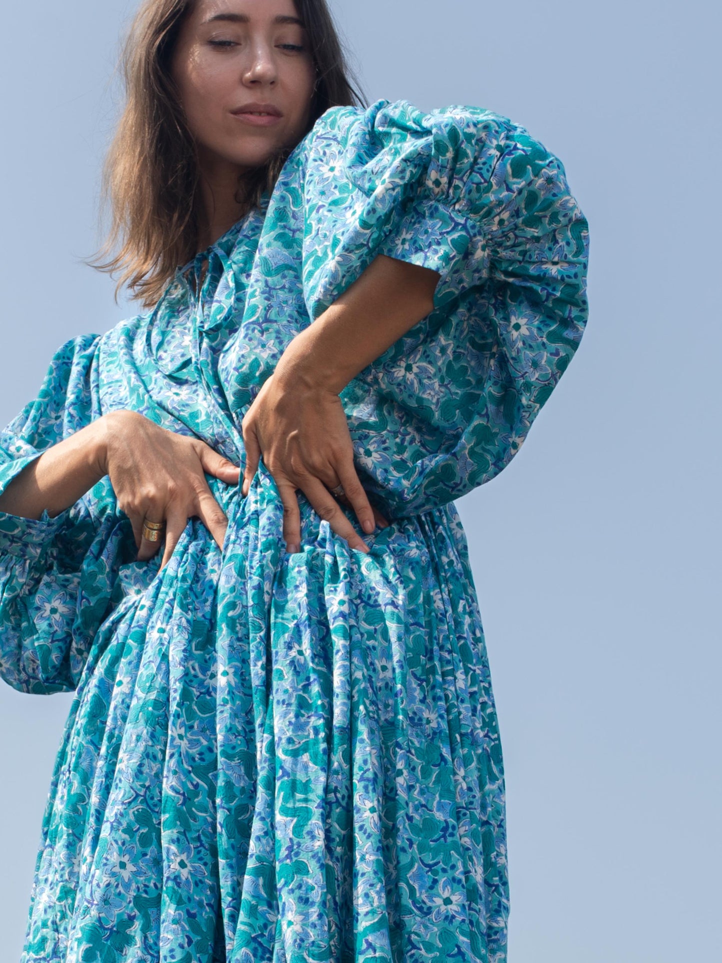 Blue Floral Hand Block Print Kyra Maxi Dress | Bohemian Cotton Dress | Summer Dresses for Women | String Closer Custom Dress Gift For Mum