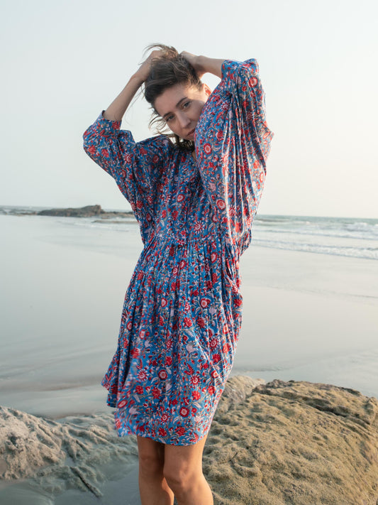 Blue Floral Hand Block Print Mini Dress | Boho Short Cotton Dress | Summer Beach Dresses | Indian Print Custom Resort Dress Gift For Wife