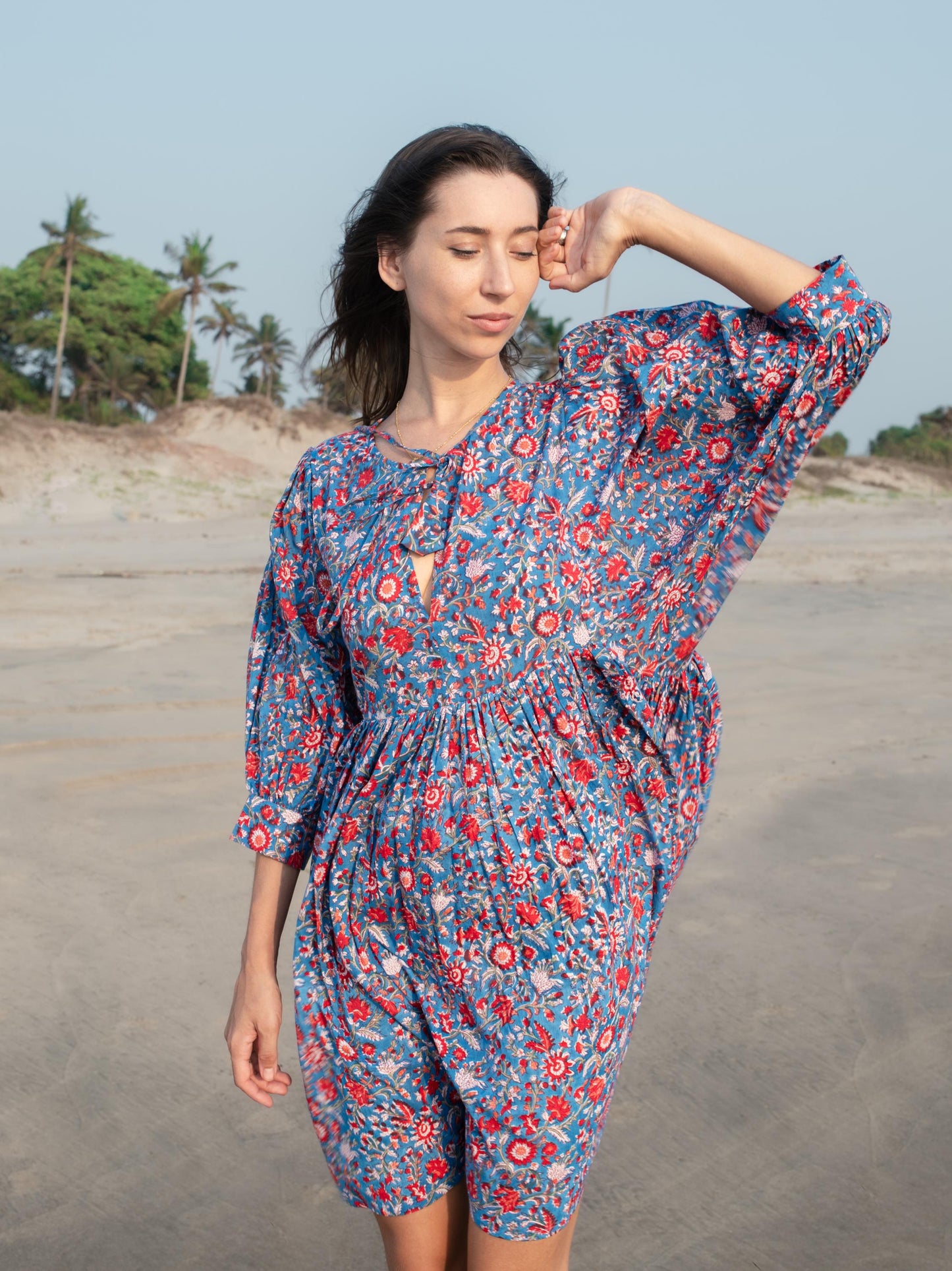 Blue Floral Hand Block Print Mini Dress | Boho Short Cotton Dress | Summer Beach Dresses | Indian Print Custom Resort Dress Gift For Wife