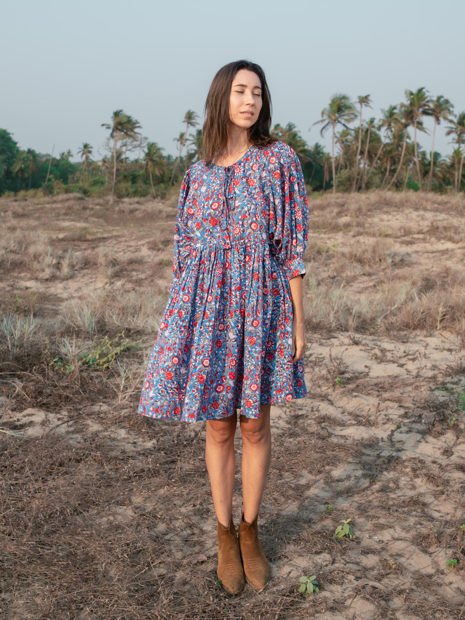 Blue Floral Hand Block Print Mini Dress | Boho Short Cotton Dress | Summer Beach Dresses | Indian Print Custom Resort Dress Gift For Wife