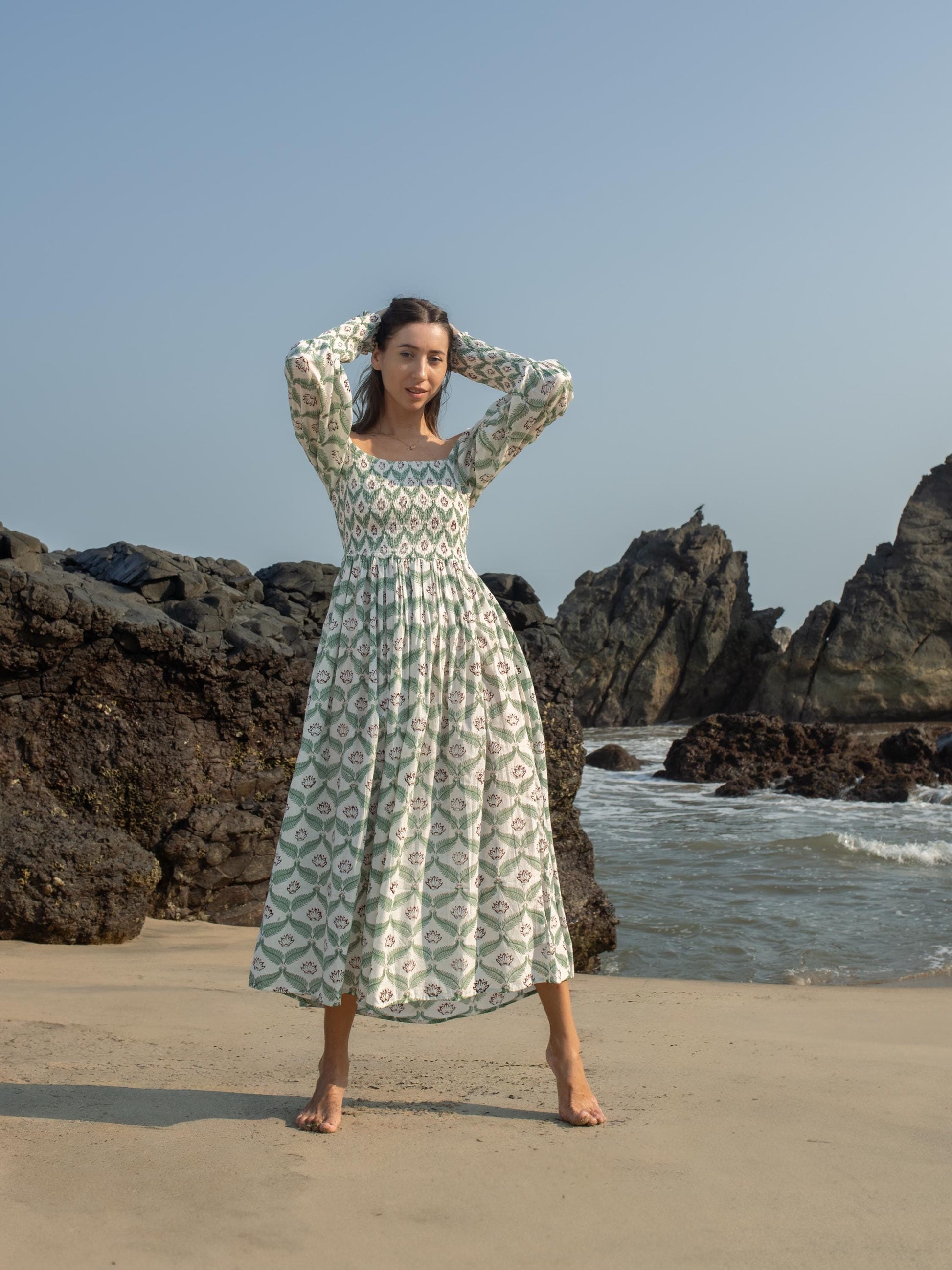 Hand Block Print Off Shoulder Dress, Floral Maxi Dress, Summer Indian Dress, Bohemian Gypsy Dress, Beach Wedding Dress, Long Sleeve Dress