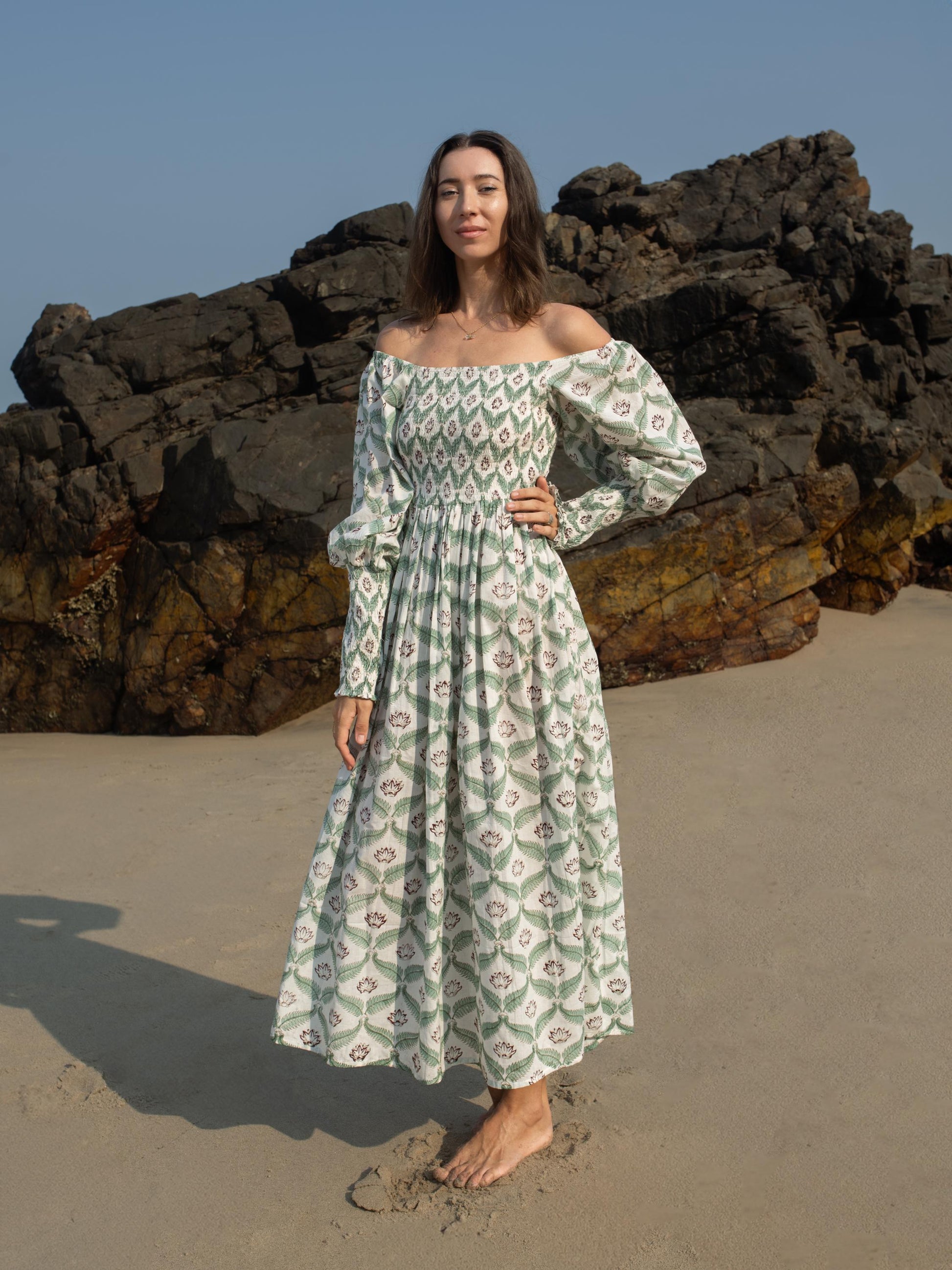 Hand Block Print Off Shoulder Dress, Floral Maxi Dress, Summer Indian Dress, Bohemian Gypsy Dress, Beach Wedding Dress, Long Sleeve Dress