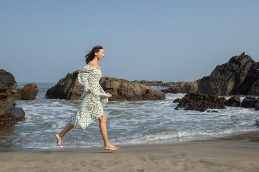 Hand Block Print Off Shoulder Dress, Floral Maxi Dress, Summer Indian Dress, Bohemian Gypsy Dress, Beach Wedding Dress, Long Sleeve Dress
