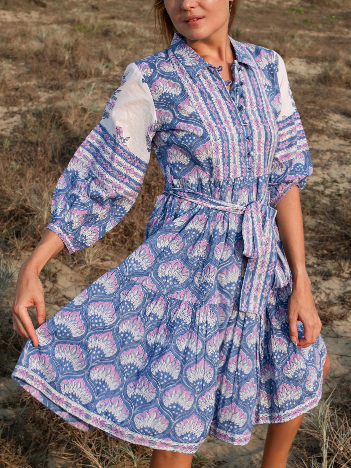 Purple Floral Hand Block Print Mini Dress | Boho Short Belt Cotton Dress | Summer Beach Dresses | Indian Print Custom Dress Gift For Wife