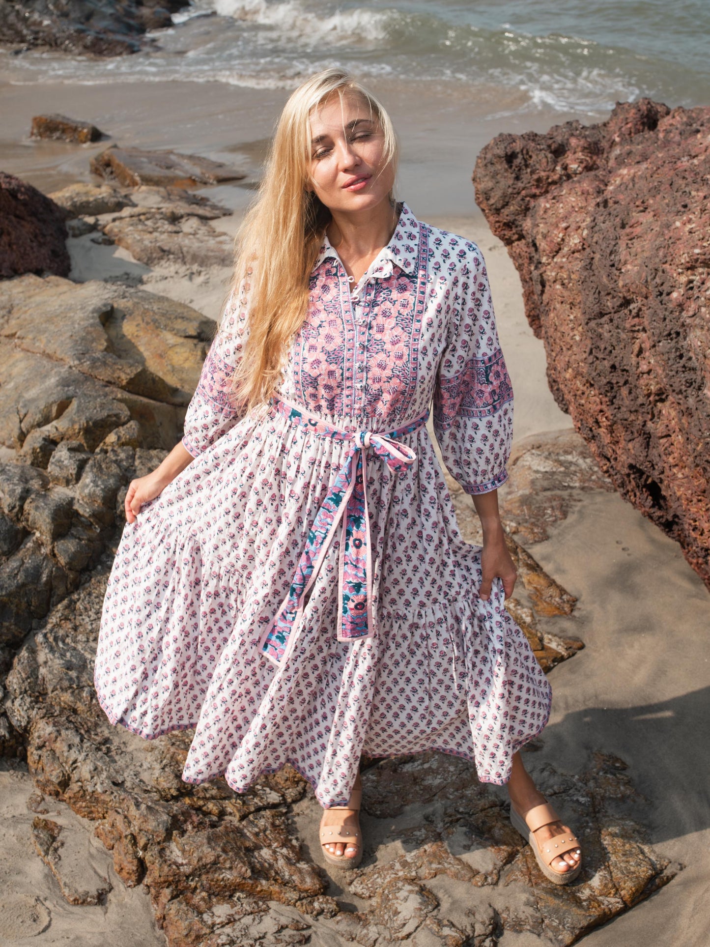 Floral Hand Block Print Maxi Dress | Boho Long Belt Cotton Dress | Summer Beach Dresses | Indian Print Modern Custom Dress Gift For Mother