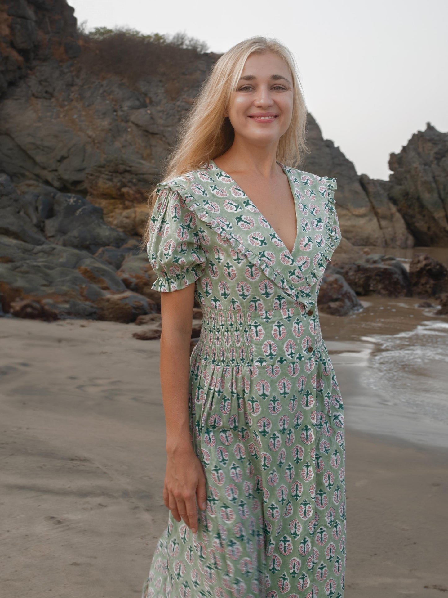 Cotton Long Maxi Warp Dress, Indian Block Print Dress, Bridesmaid Cotton Custom Comfy Dress, Boho Puff Sleeve Dress, Honeymoon Wedding Dress