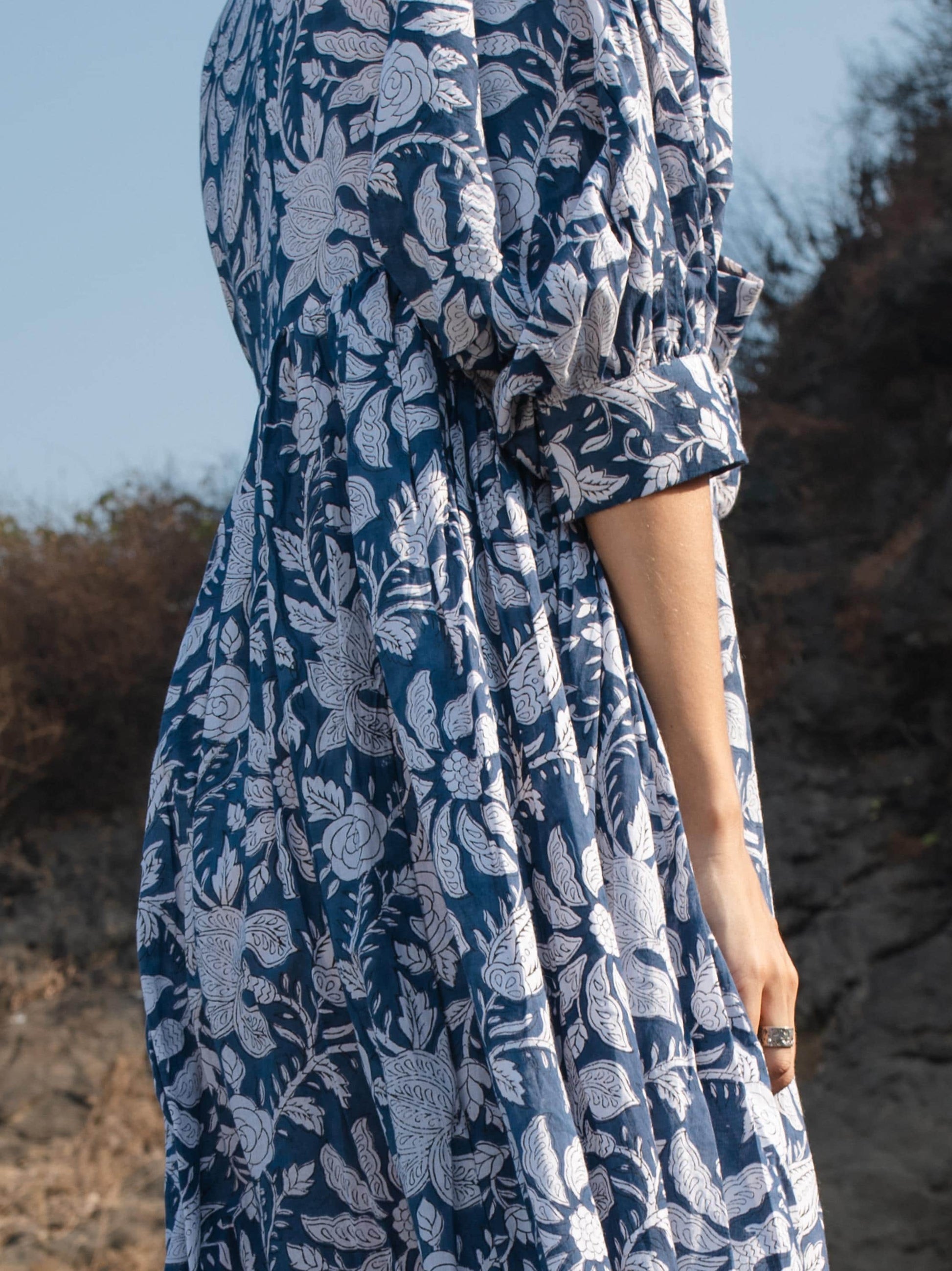 Blue Floral Hand Block Print Maxi Dress | Bohemian Cotton Dress | Summer Dresses for Women | Maternity  Feeding Boho Puff Sleeve Dress Kurta