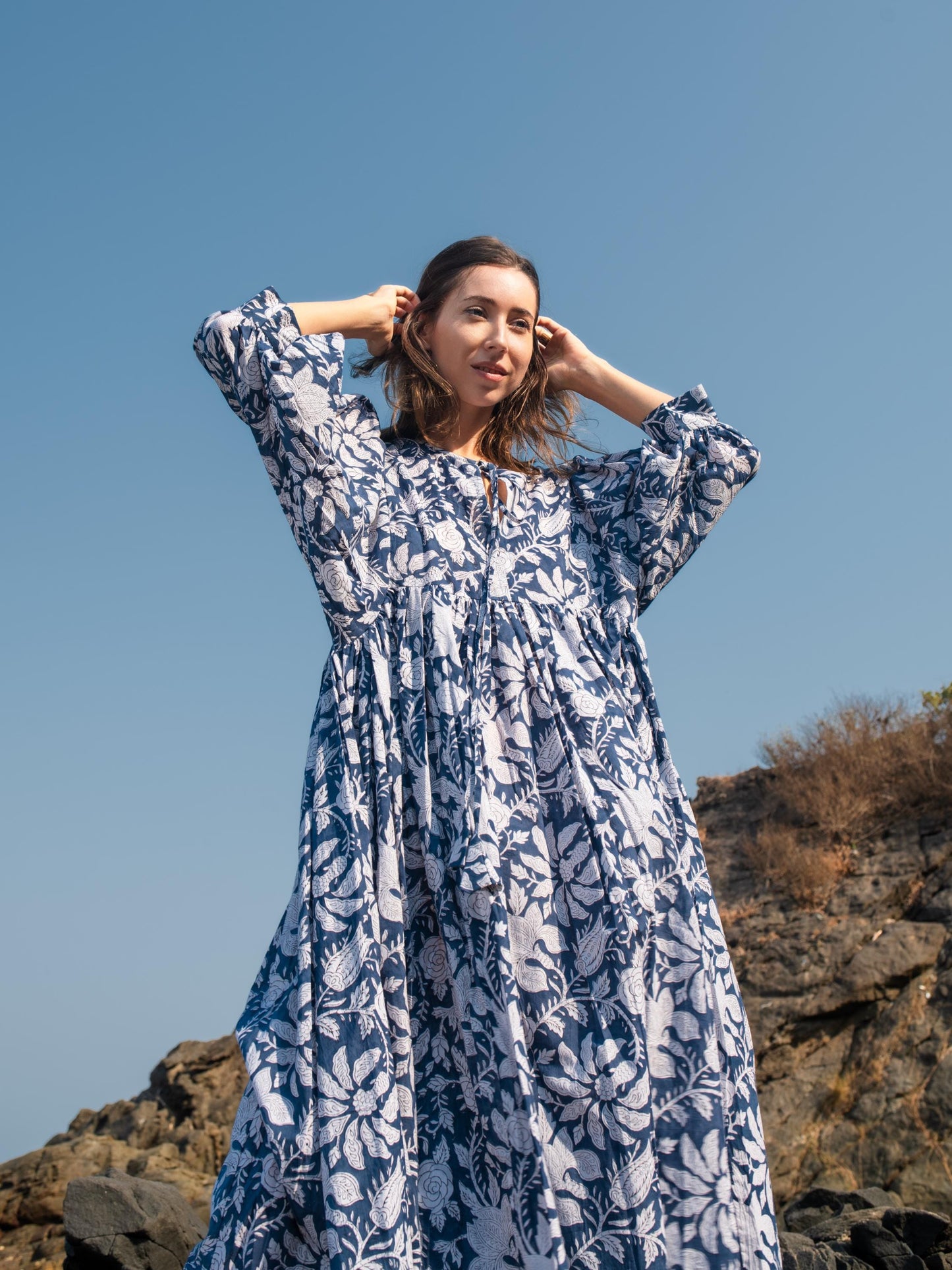 Blue Floral Hand Block Print Maxi Dress | Bohemian Cotton Dress | Summer Dresses for Women | Maternity  Feeding Boho Puff Sleeve Dress Kurta