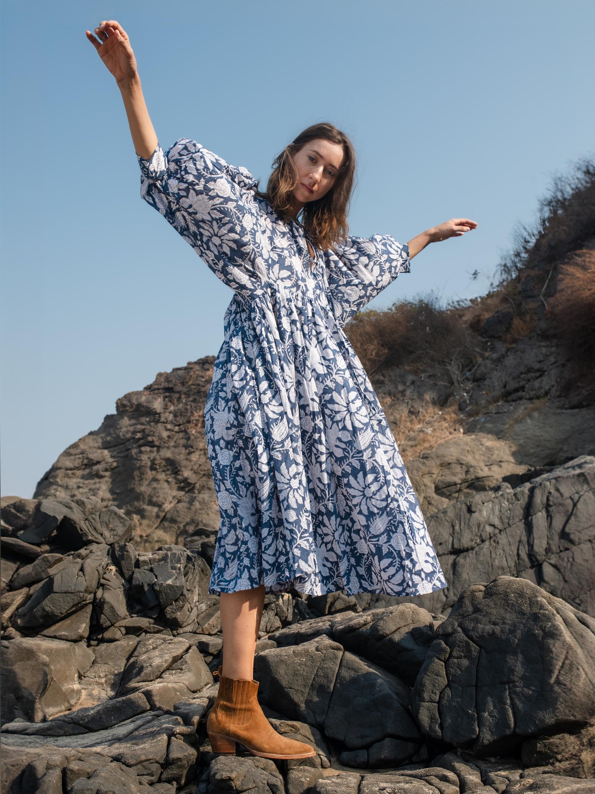 Blue Floral Hand Block Print Maxi Dress | Bohemian Cotton Dress | Summer Dresses for Women | Maternity  Feeding Boho Puff Sleeve Dress Kurta