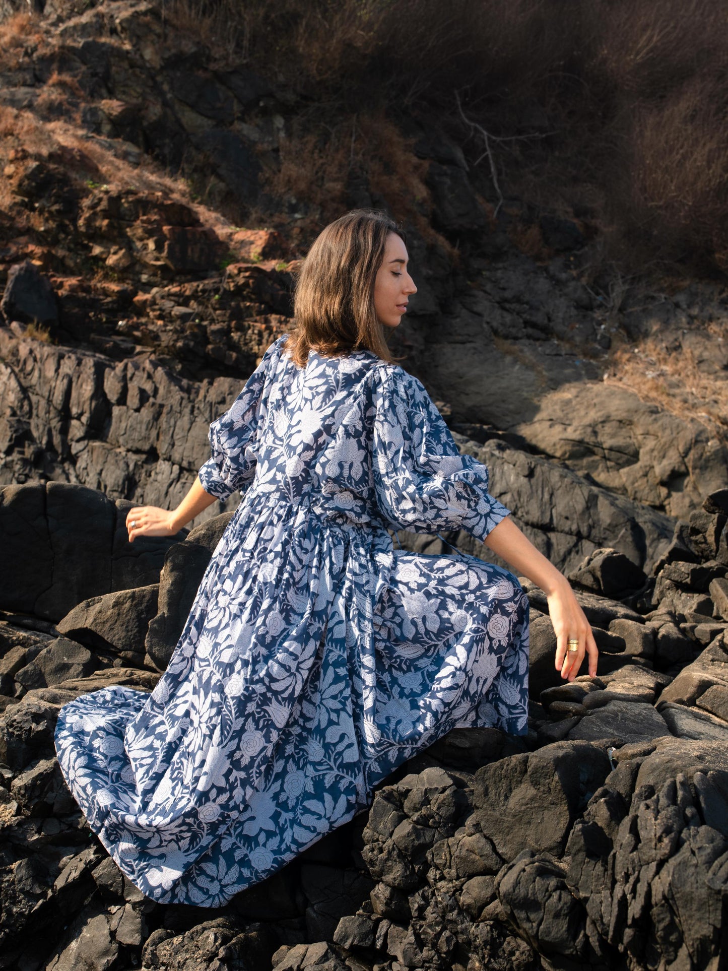 Blue Floral Hand Block Print Maxi Dress | Bohemian Cotton Dress | Summer Dresses for Women | Maternity  Feeding Boho Puff Sleeve Dress Kurta