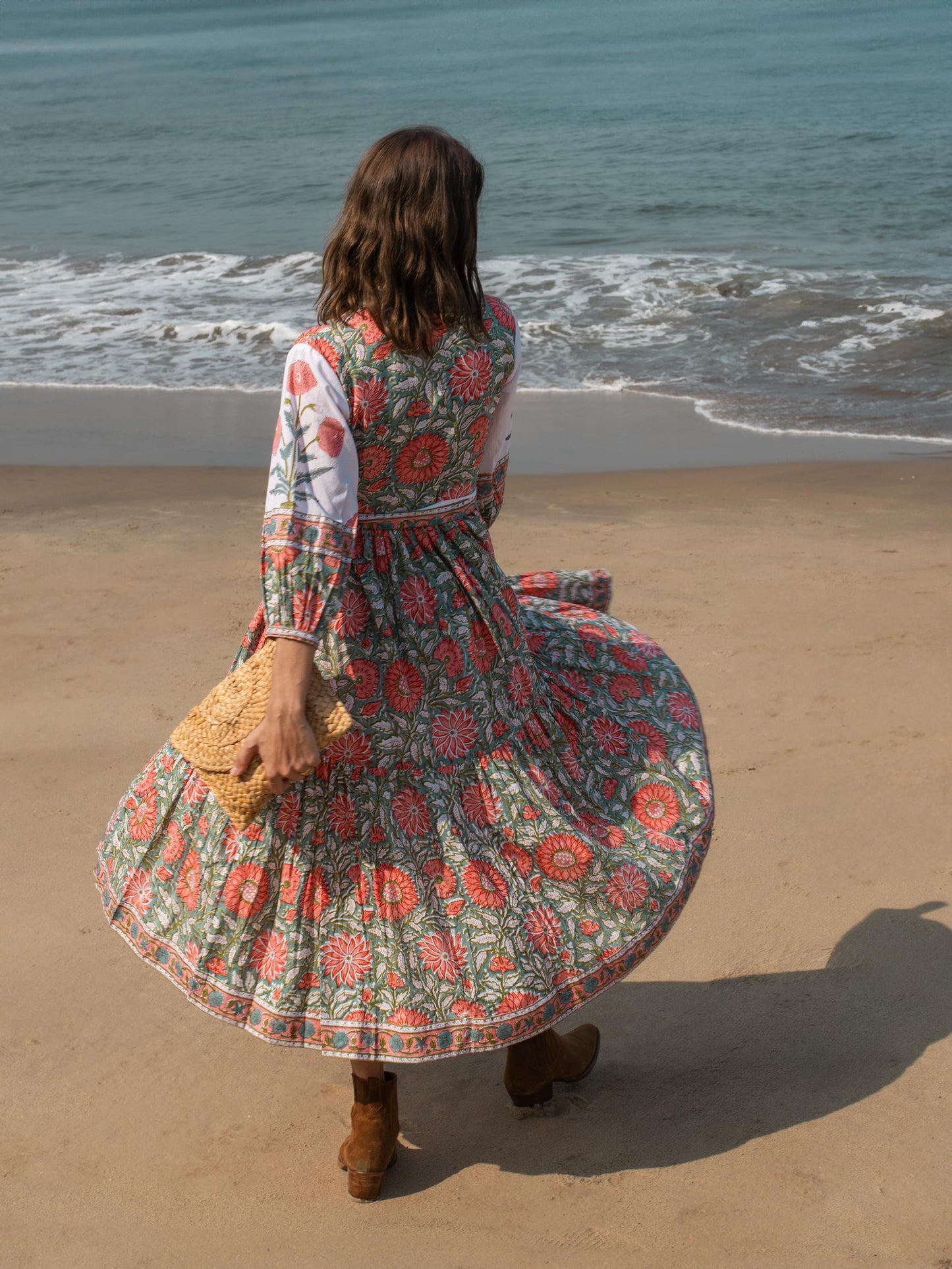 Floral Hand Block Print Maxi Dress | Boho Long Belt Cotton Dress | Summer Beach Midi Dresses | Bohemian Shirt Dress | Vacation Holiday Dress