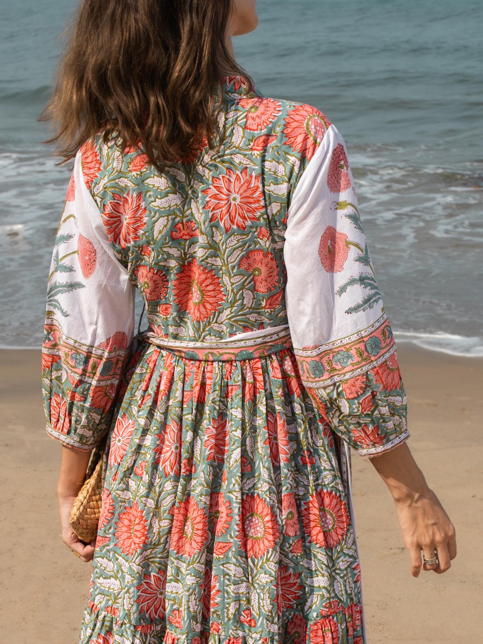 Floral Hand Block Print Maxi Dress | Boho Long Belt Cotton Dress | Summer Beach Midi Dresses | Bohemian Shirt Dress | Vacation Holiday Dress