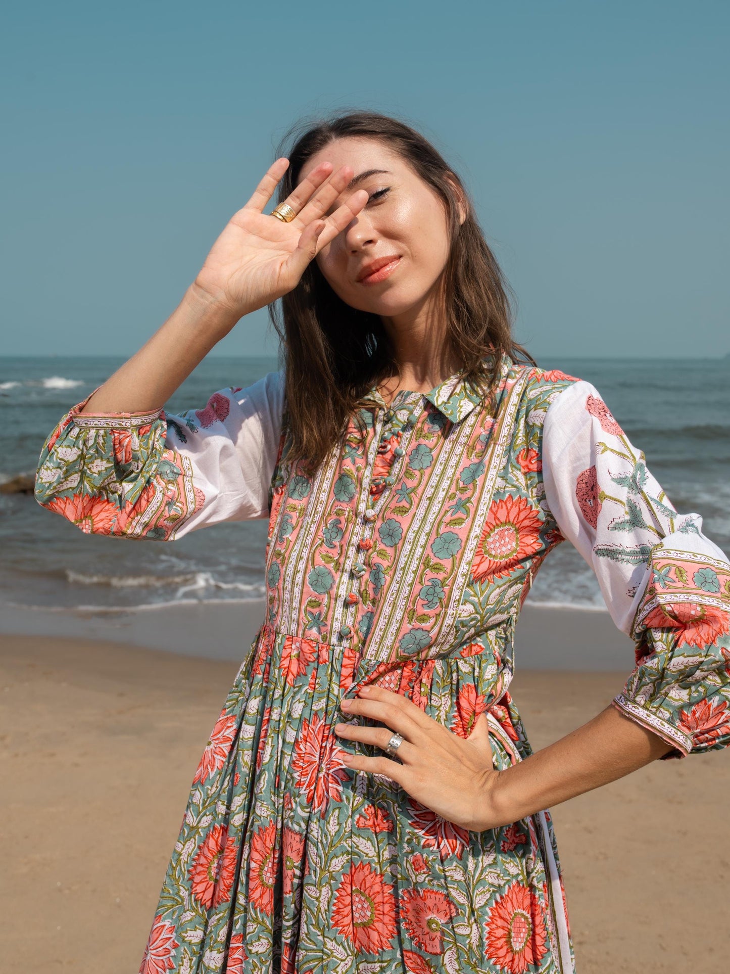 Floral Hand Block Print Maxi Dress | Boho Long Belt Cotton Dress | Summer Beach Midi Dresses | Bohemian Shirt Dress | Vacation Holiday Dress