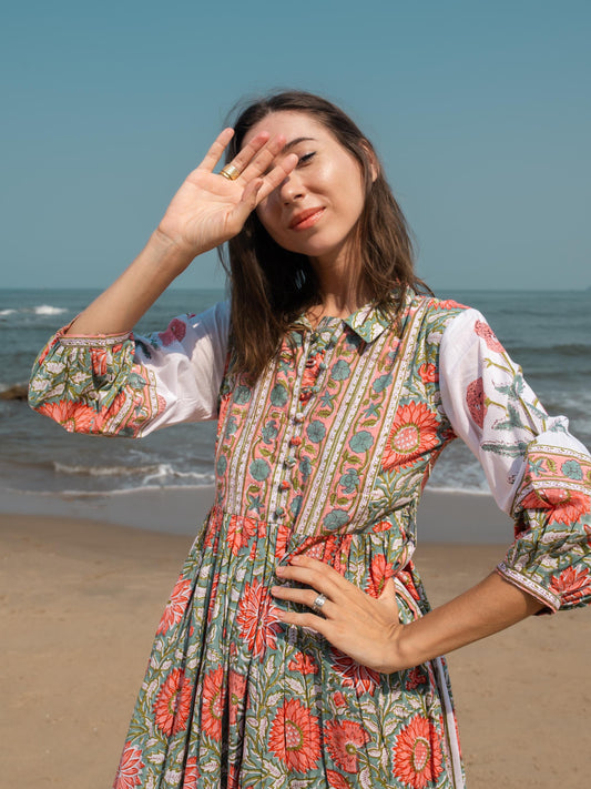 Floral Hand Block Print Maxi Dress | Boho Long Belt Cotton Dress | Summer Beach Midi Dresses | Bohemian Shirt Dress | Vacation Holiday Dress