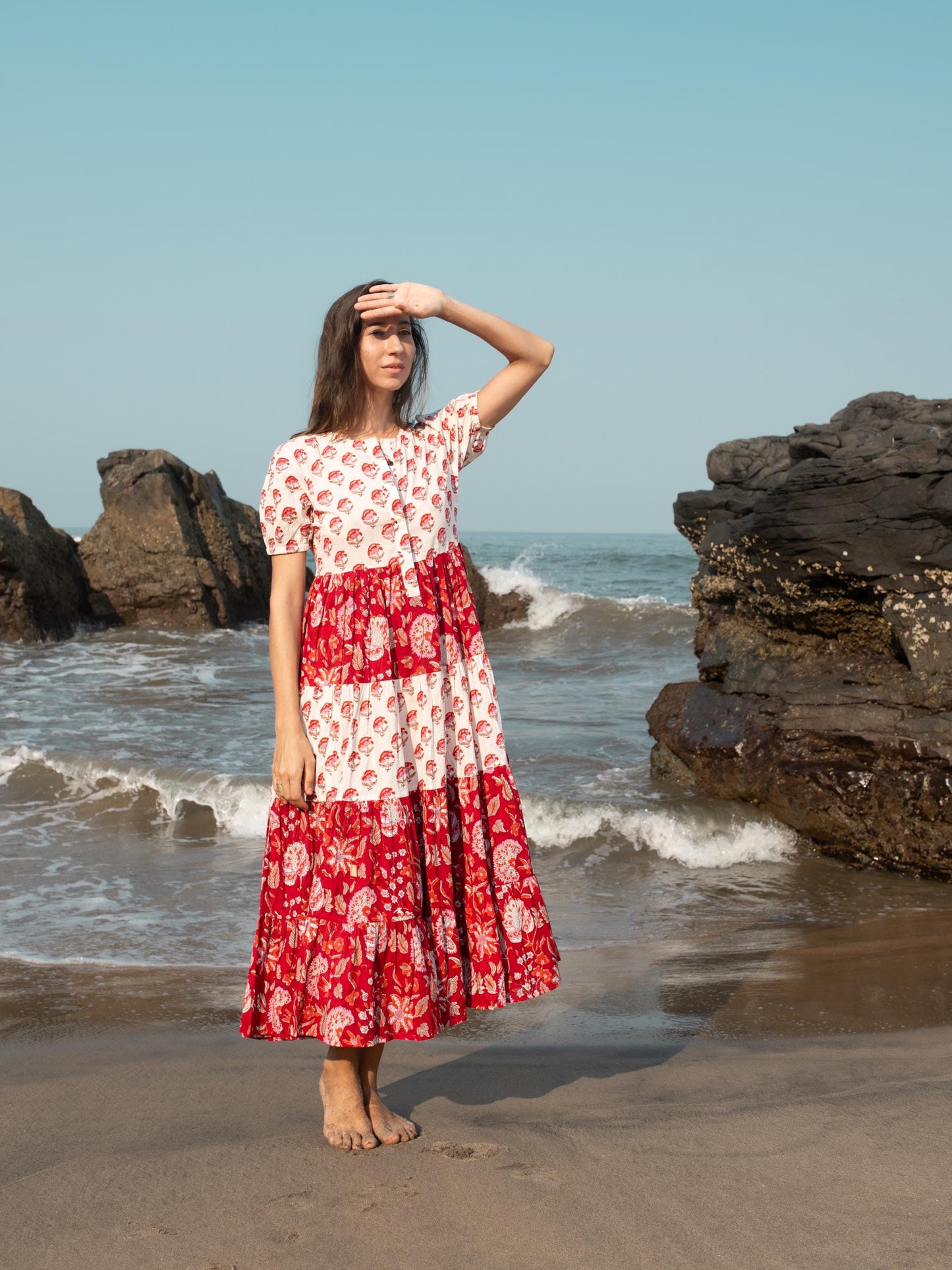 Red White Block Print dress, Casual Button Up dress, Floral Boho Beach Wedding Dress, Bohemian Long Maxi Pregnancy Maternity Button Up Dress