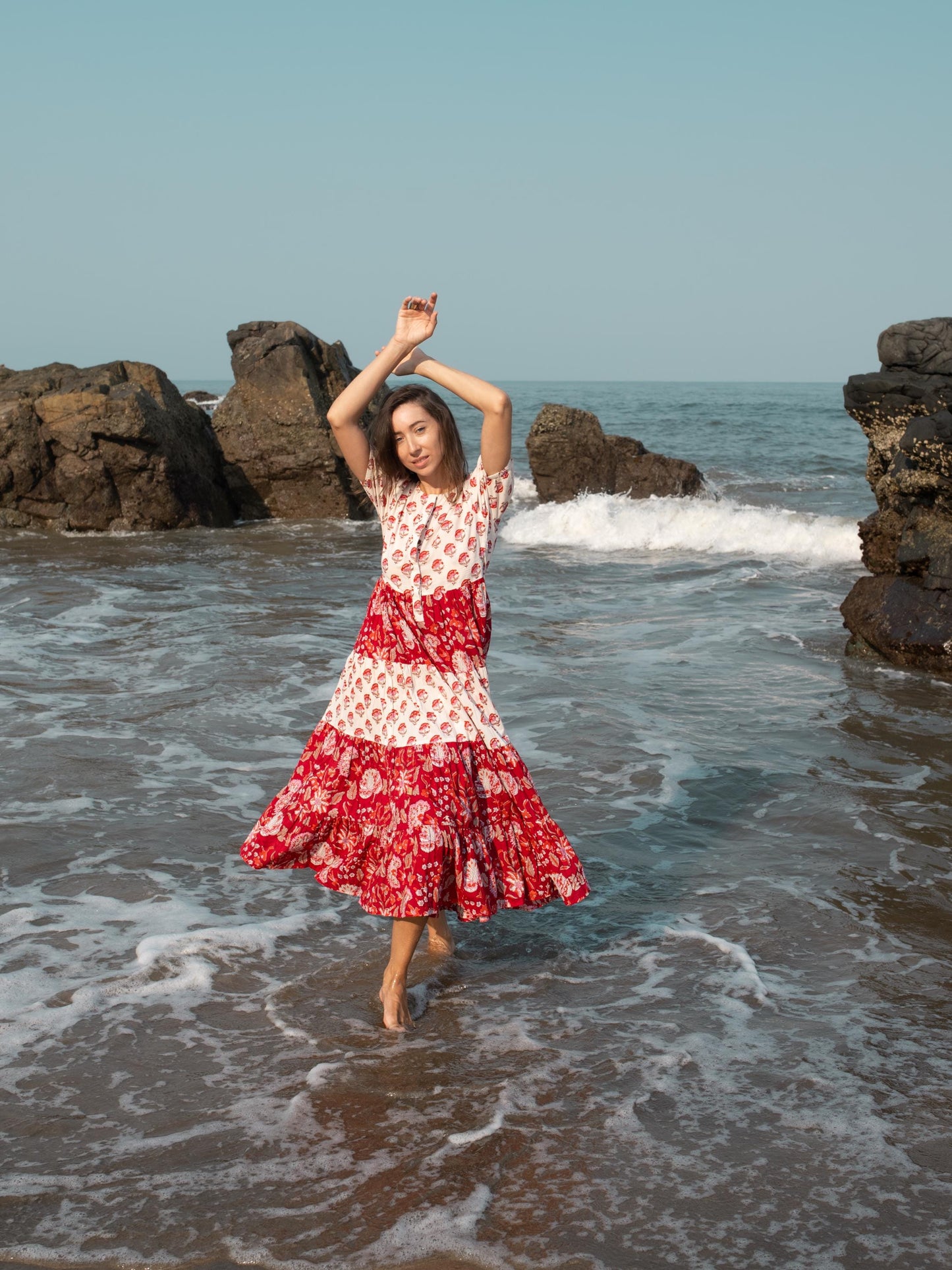 Red White Block Print dress, Casual Button Up dress, Floral Boho Beach Wedding Dress, Bohemian Long Maxi Pregnancy Maternity Button Up Dress
