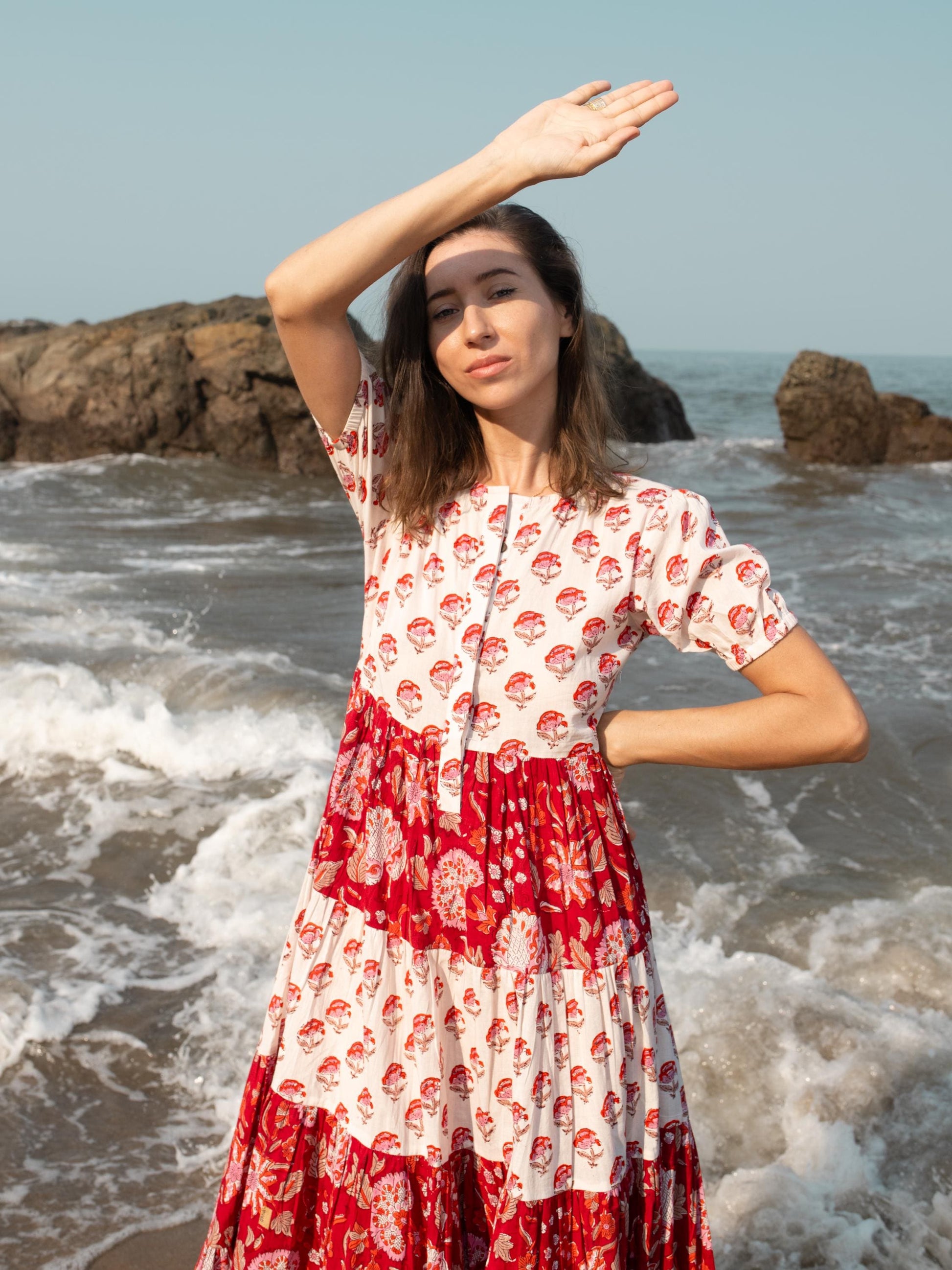 Red White Block Print dress, Casual Button Up dress, Floral Boho Beach Wedding Dress, Bohemian Long Maxi Pregnancy Maternity Button Up Dress
