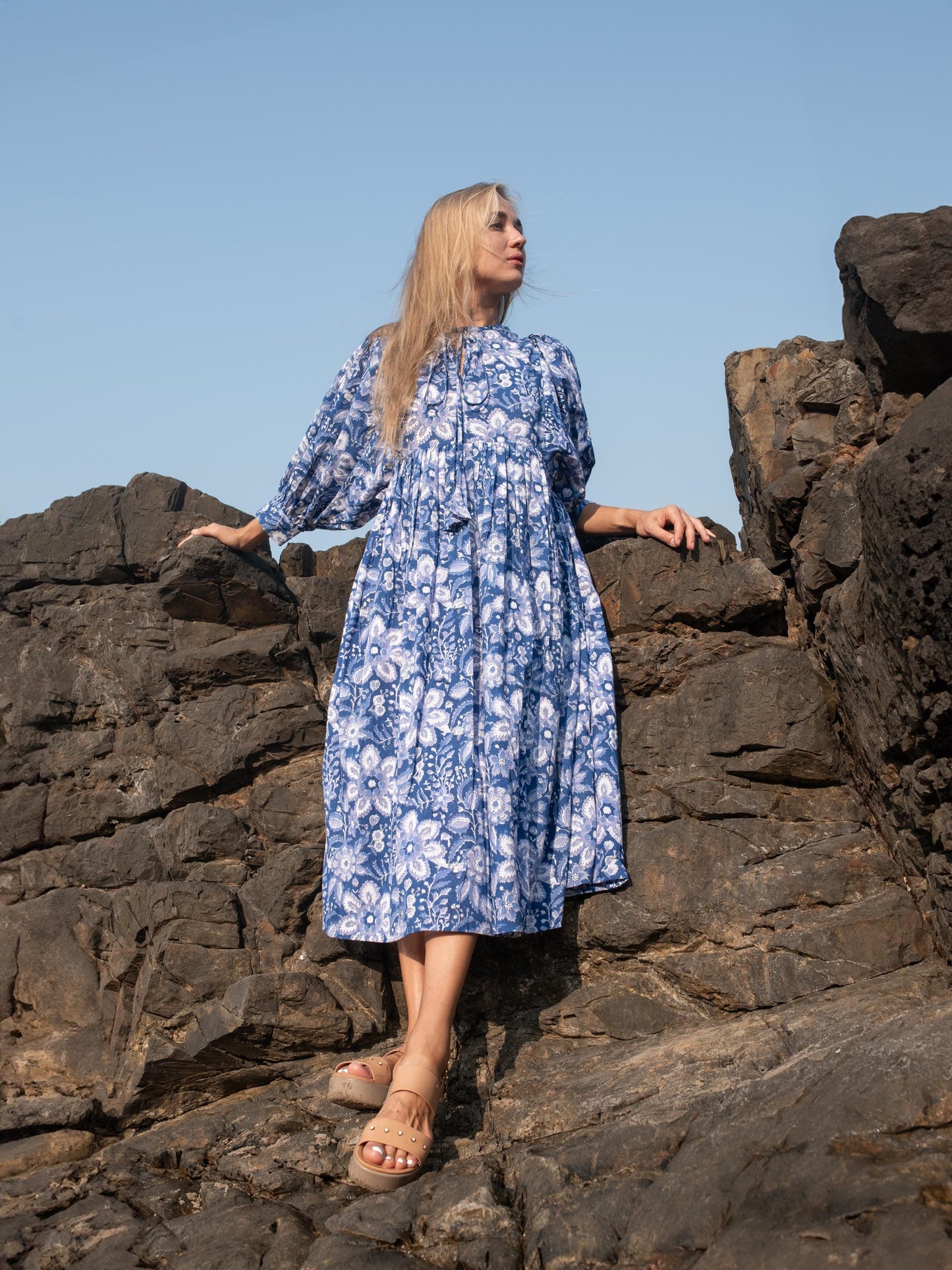 Blue Floral Hand Block Print Kyra Maxi Dress | Bohemian Cotton Dress | Summer Dresses for Women | Puff Sleeves Custom Comfy Dress Plus Size