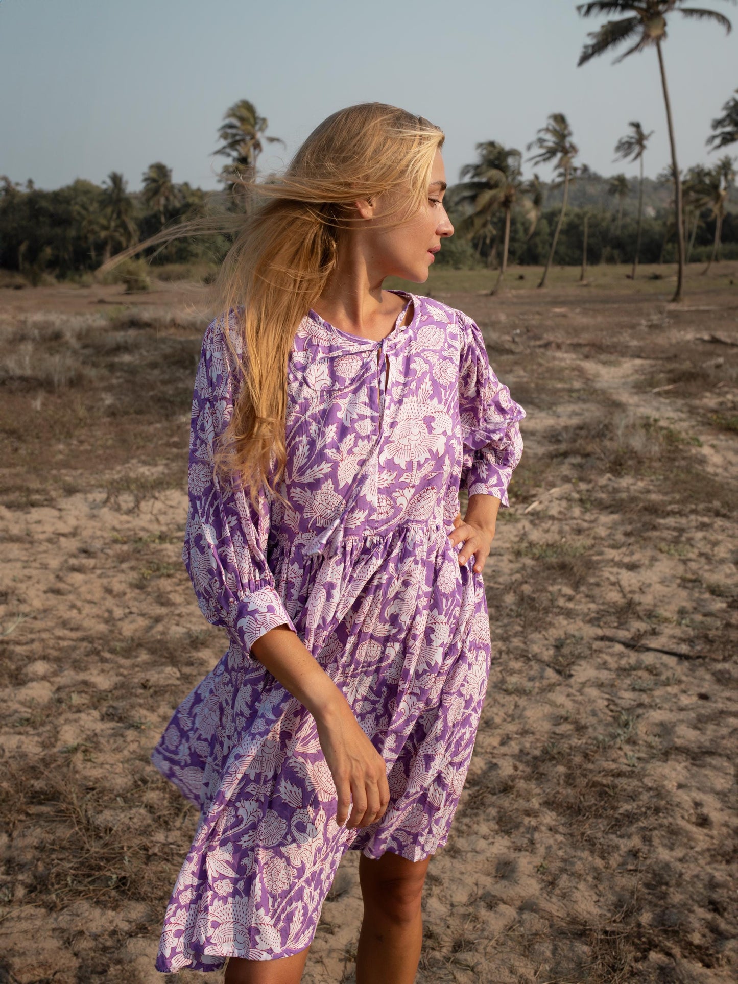 Purple Floral Hand Block Print Mini Dress | Boho Short Cotton Dress | Summer Beach Dresses | Indian Print Custom Resort Romance Dress