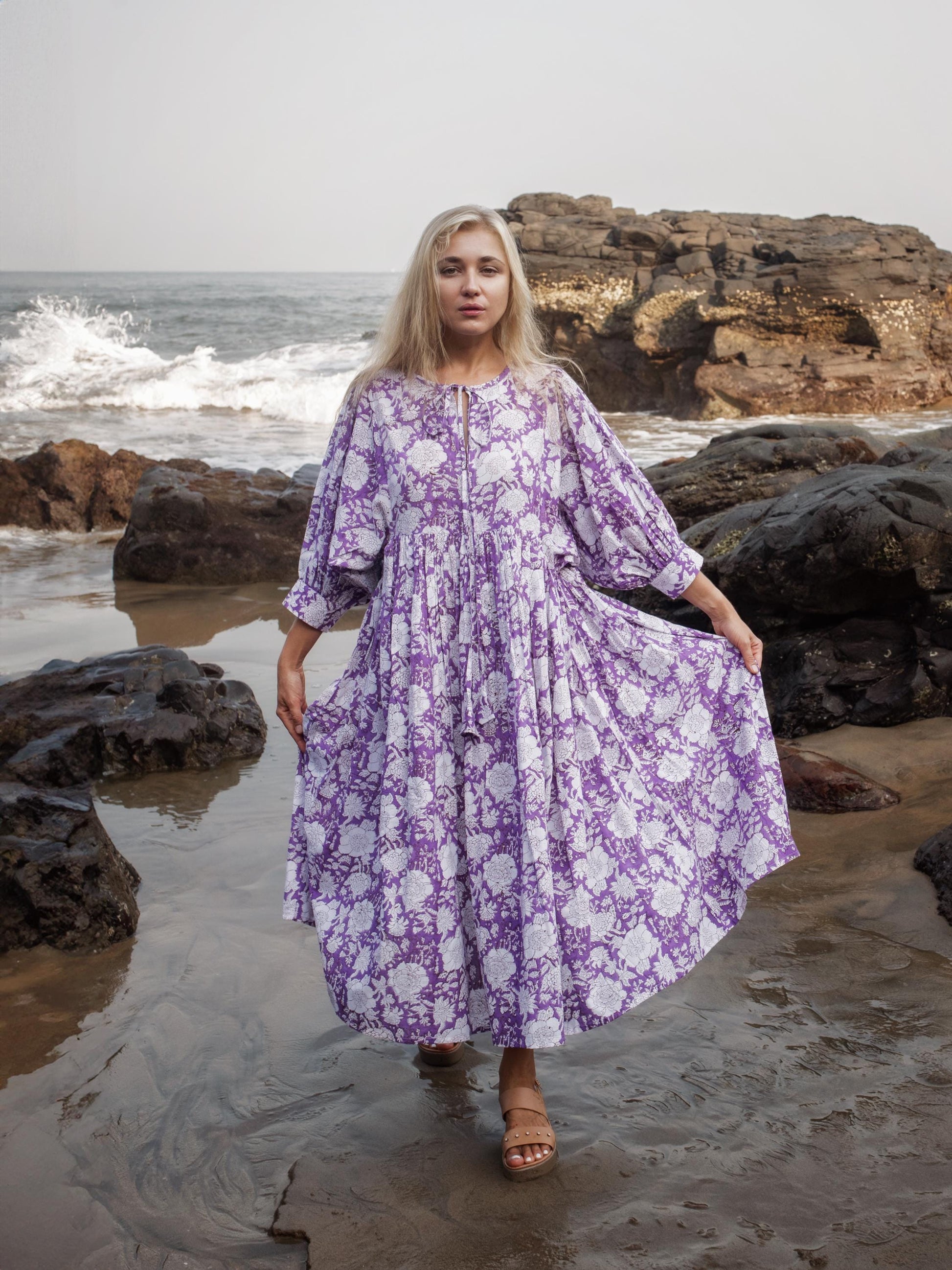 Purple Lilac Floral Hand Block Print Kyra Maxi Dress | Bohemian Cotton Dress | Summer Dresses for Women | String Closer Custom Boho Dress