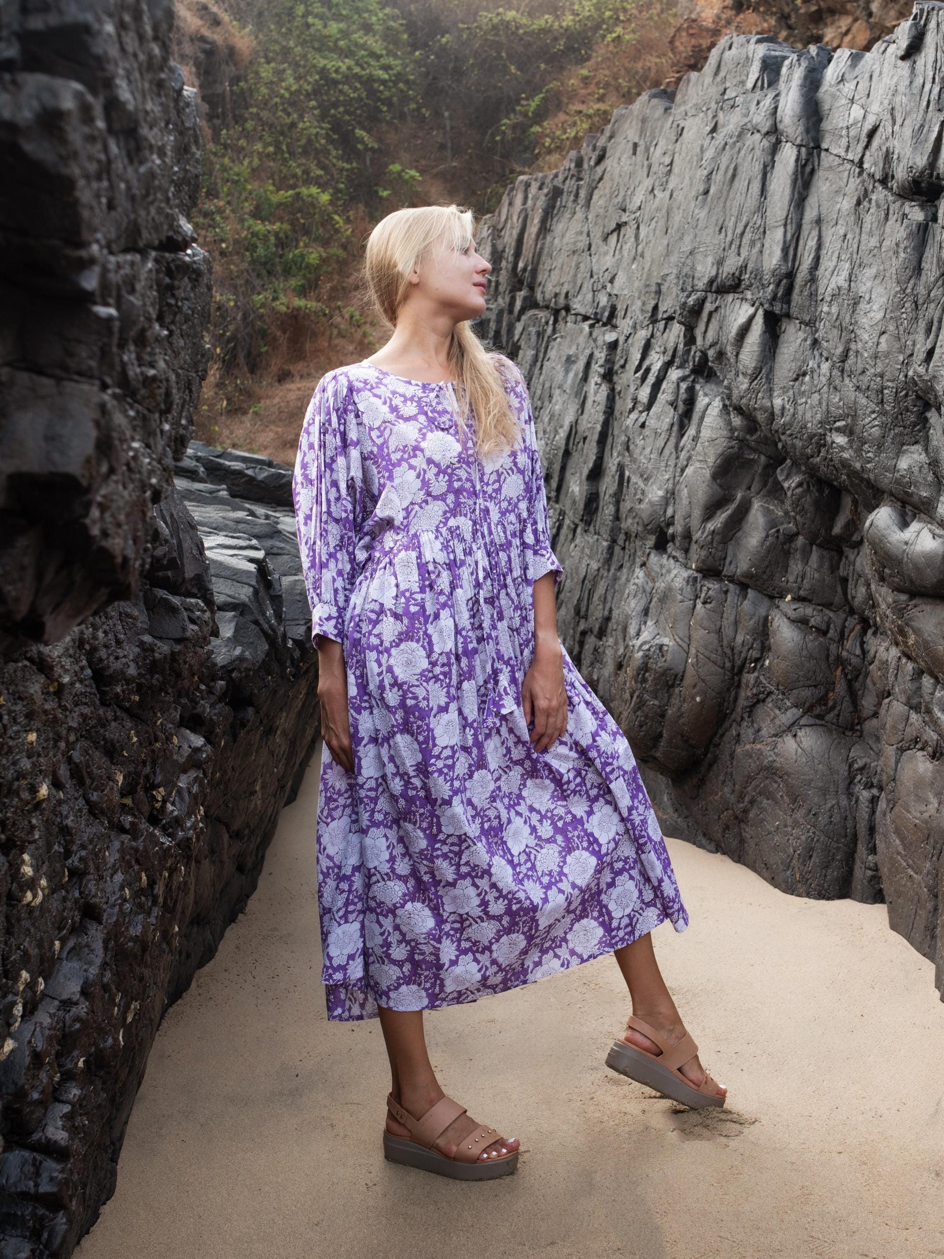 Purple Lilac Floral Hand Block Print Kyra Maxi Dress | Bohemian Cotton Dress | Summer Dresses for Women | String Closer Custom Boho Dress