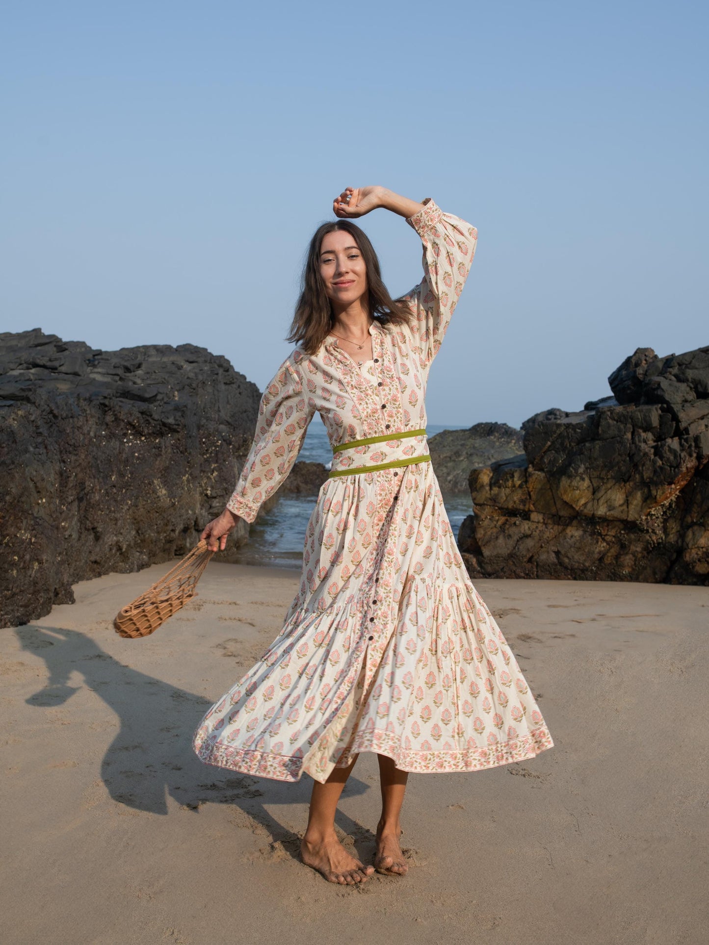 Hand Block Printed Summer Holiday Festive Dress Floral Organic Cotton Ethical Sustainable Bohemian Sundress Women Long Maxi Dress Plus Size