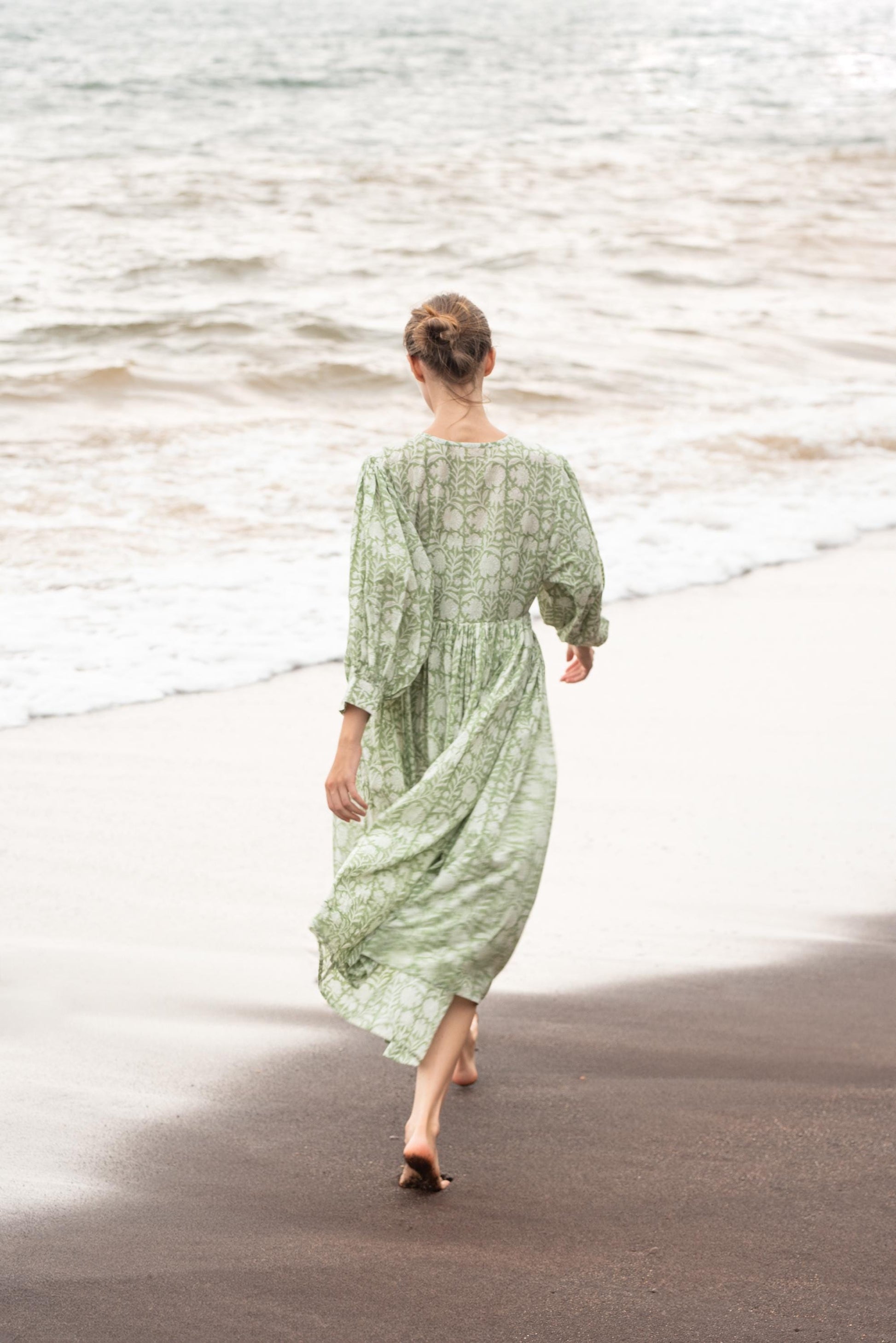 Sage Green Block Printed Summer Holiday Festive Dress Floral Cotton Bohemian Sundress Women Long Maxi Midi Women Dress Gift For Loved Wife