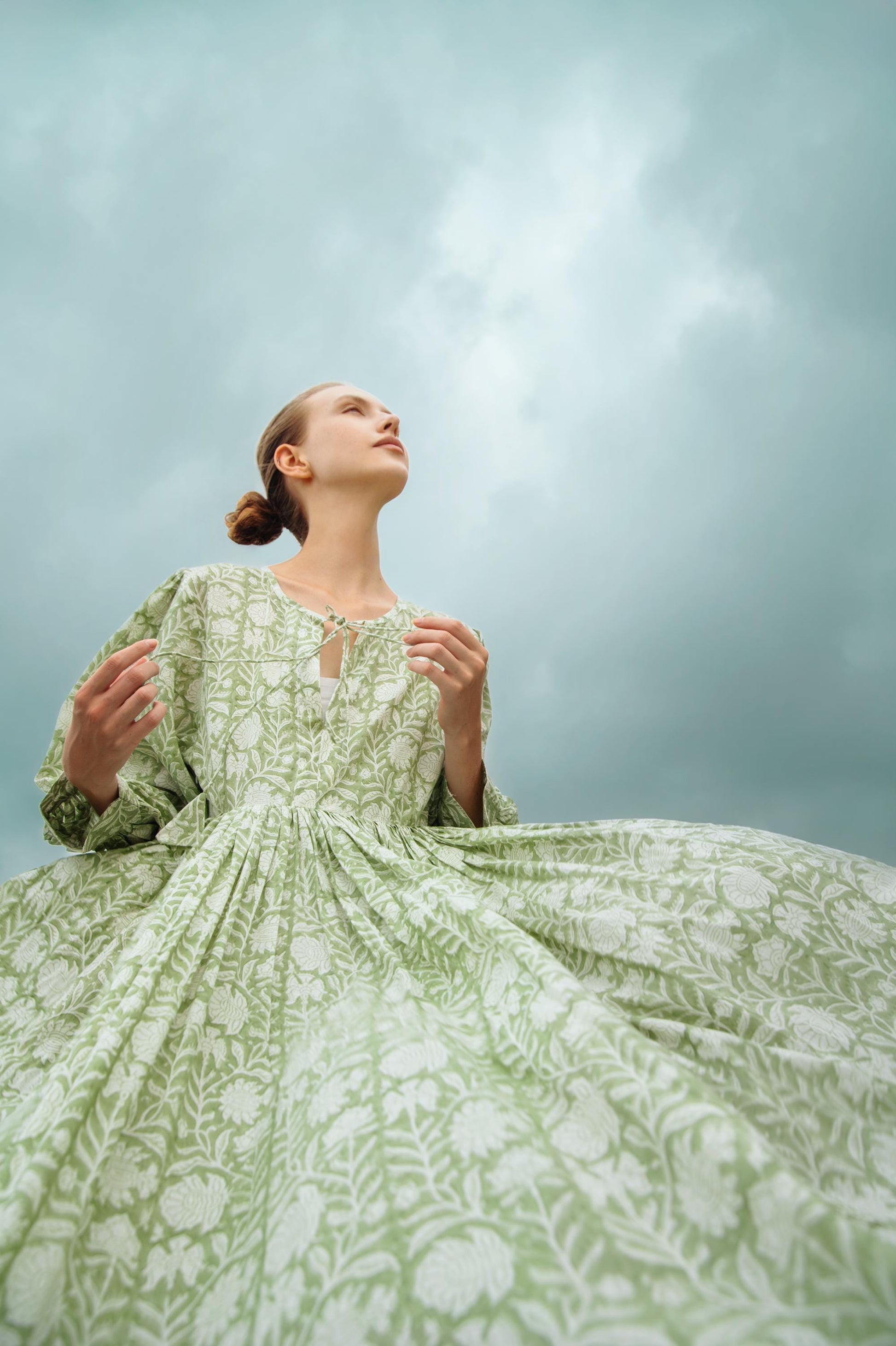 Sage Green Block Printed Summer Holiday Festive Dress Floral Cotton Bohemian Sundress Women Long Maxi Midi Women Dress Gift For Loved Wife