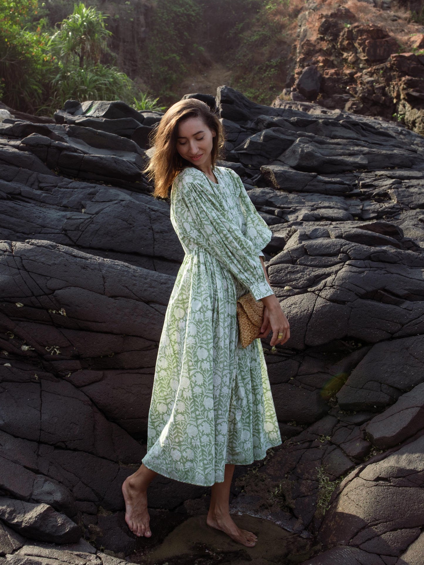 Sage Green Block Printed Summer Holiday Festive Dress Floral Cotton Bohemian Sundress Women Long Maxi Midi Women Dress Gift For Loved Wife