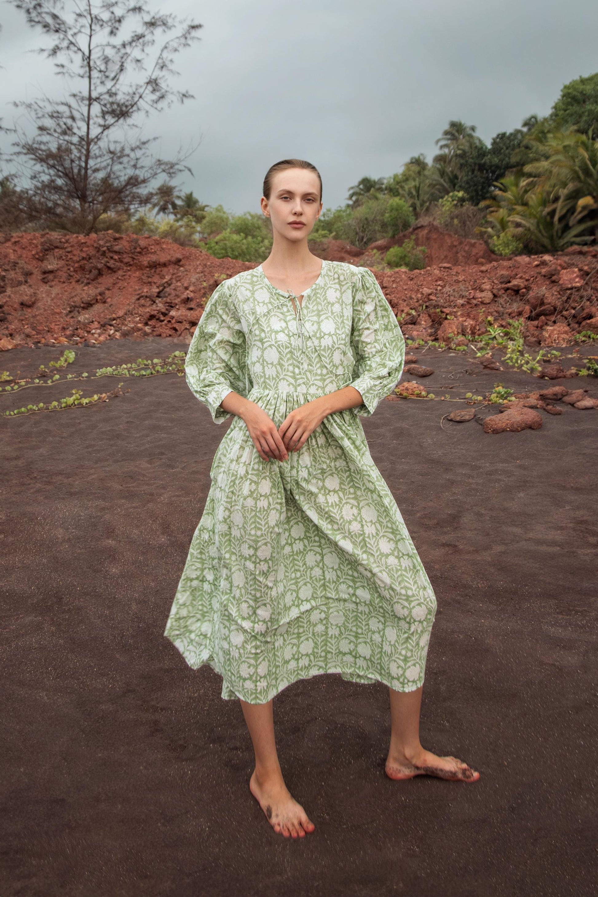 Sage Green Block Printed Summer Holiday Festive Dress Floral Cotton Bohemian Sundress Women Long Maxi Midi Women Dress Gift For Loved Wife