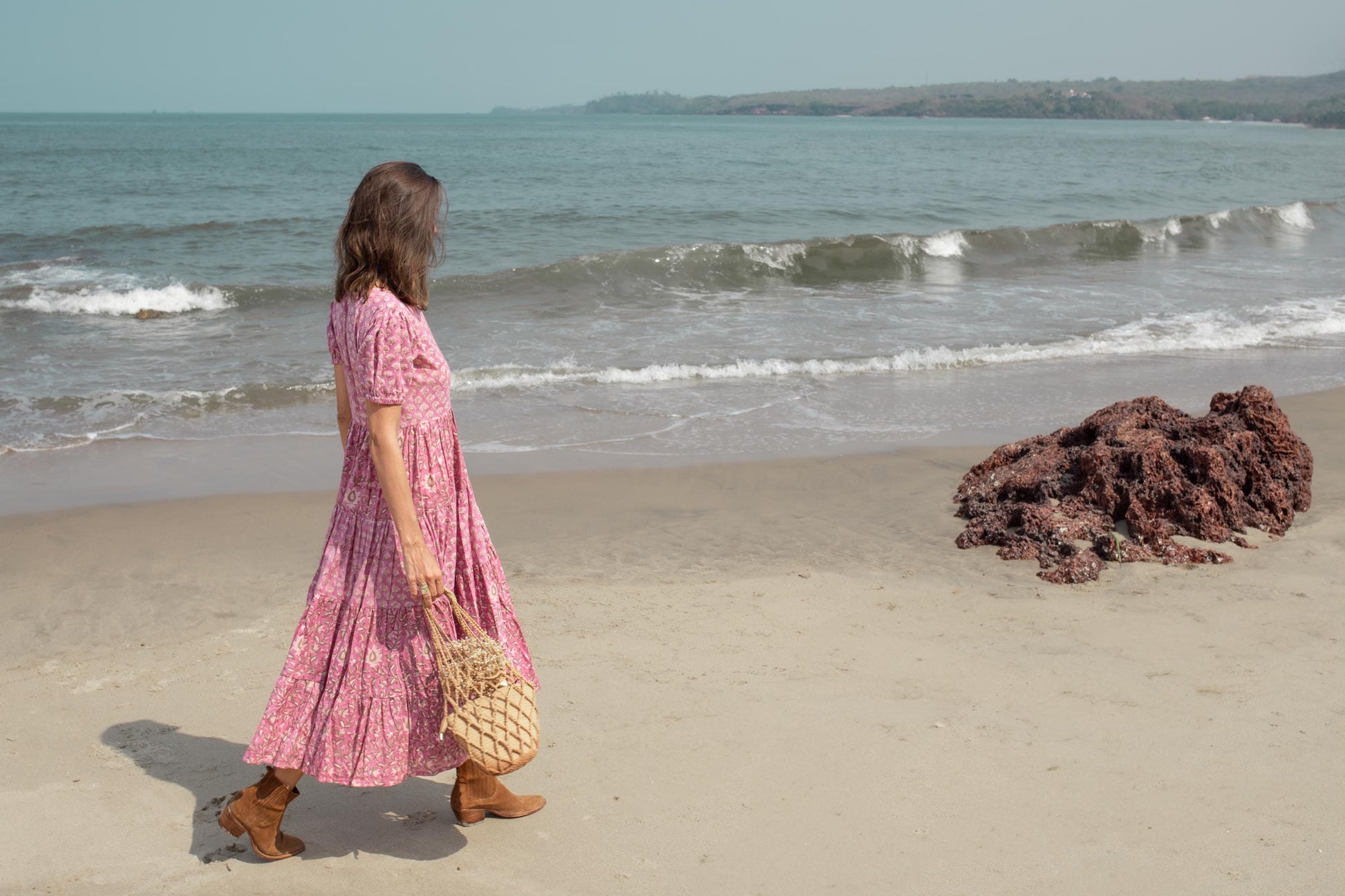 Pink Purple Block print dress, Women dress, Cotton dress Summer Dress, floral boho Beach dress, Vacation Bohemian Long Maxi Button Dress
