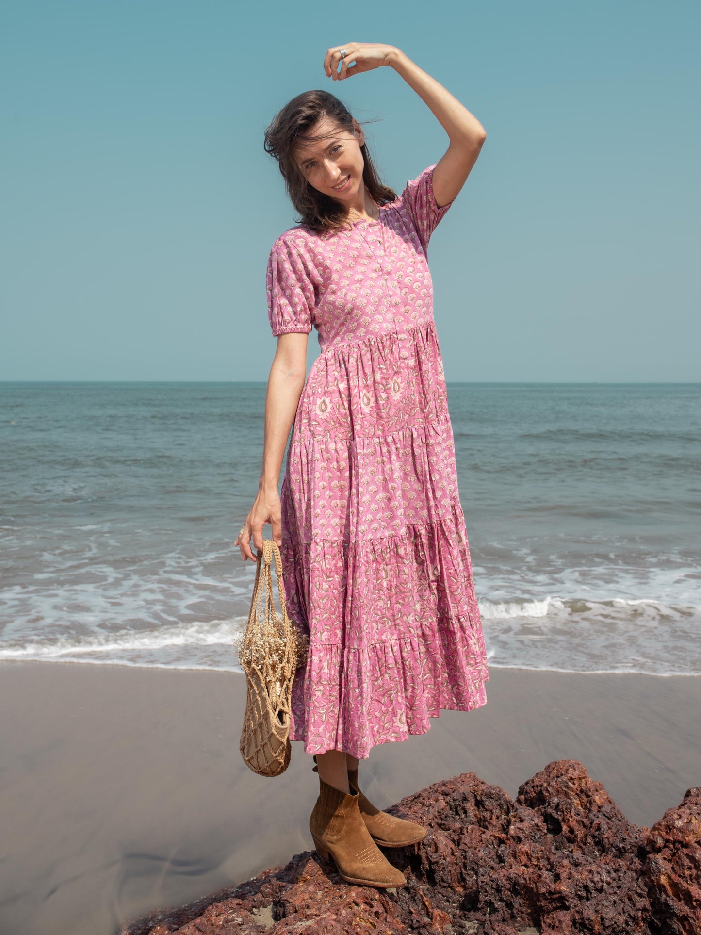 Pink Purple Block print dress, Women dress, Cotton dress Summer Dress, floral boho Beach dress, Vacation Bohemian Long Maxi Button Dress