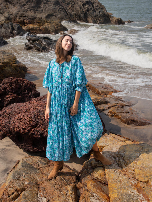Blue Floral Hand Block Print Kyra Maxi Dress | Bohemian Cotton Dress | Summer Dresses for Women | String Closer Custom Dress Gift For Mum