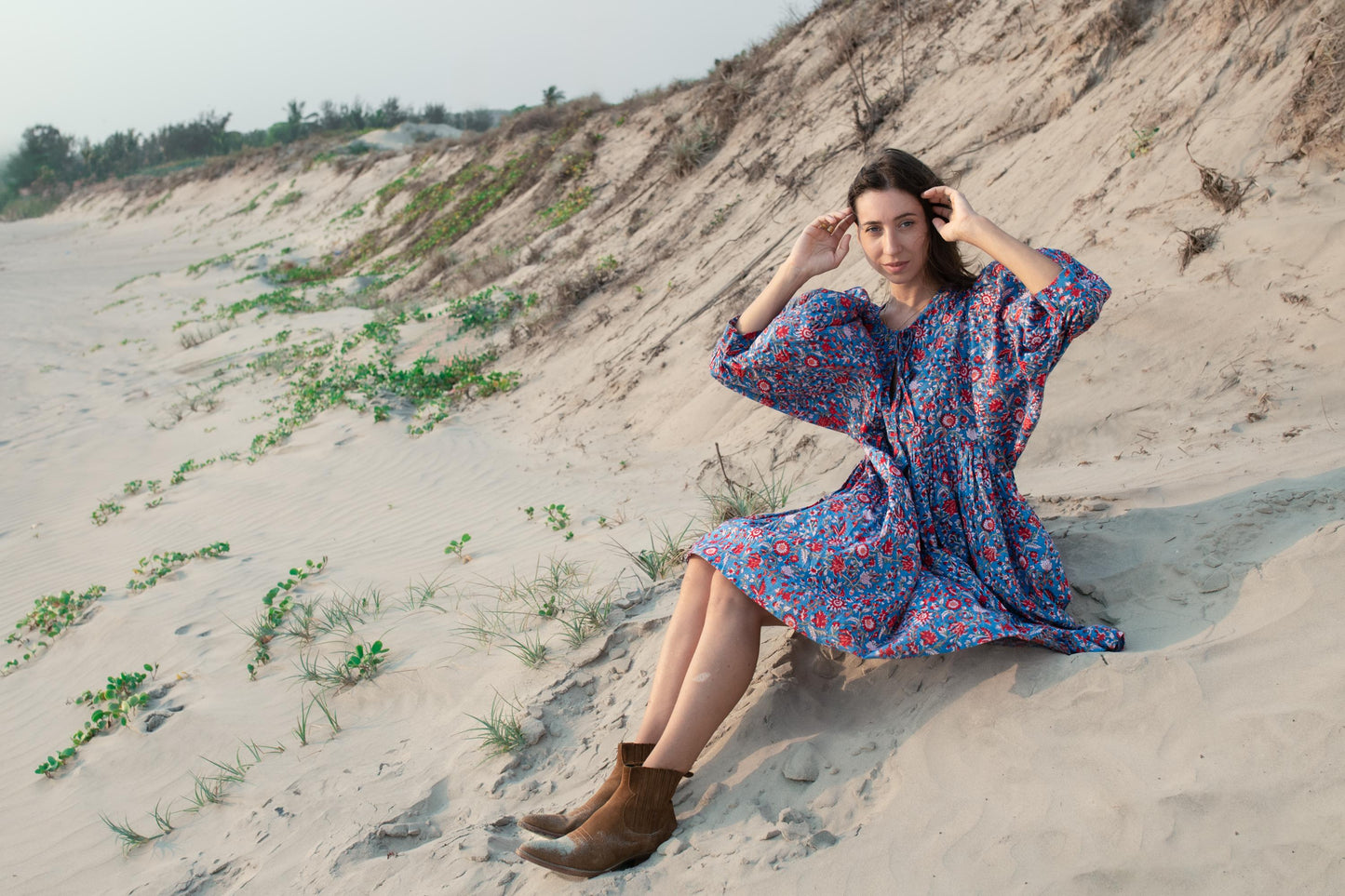 Blue Floral Hand Block Print Mini Dress | Boho Short Cotton Dress | Summer Beach Dresses | Indian Print Custom Resort Dress Gift For Wife