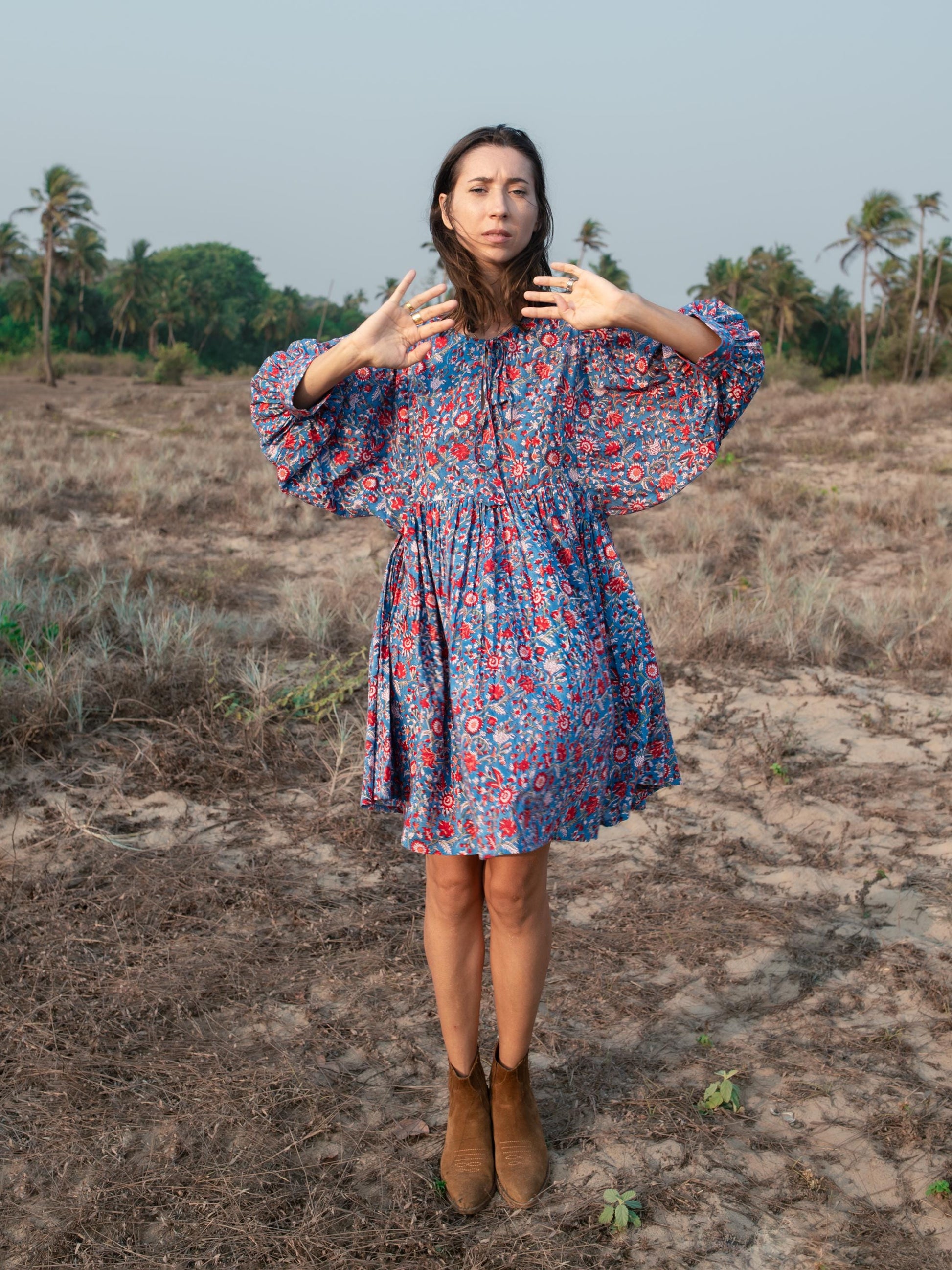 Blue Floral Hand Block Print Mini Dress | Boho Short Cotton Dress | Summer Beach Dresses | Indian Print Custom Resort Dress Gift For Wife