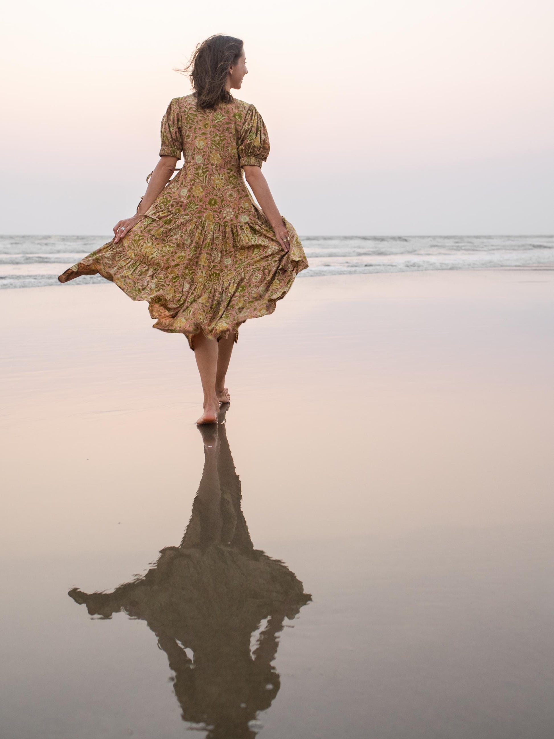 Block Print Maxi Warp Dress, Indian Cotton Long Dress, Tiered Midi Custom Comfy Dress, Boho Puff Sleeve Dress, Honeymoon Beach Wedding Dress