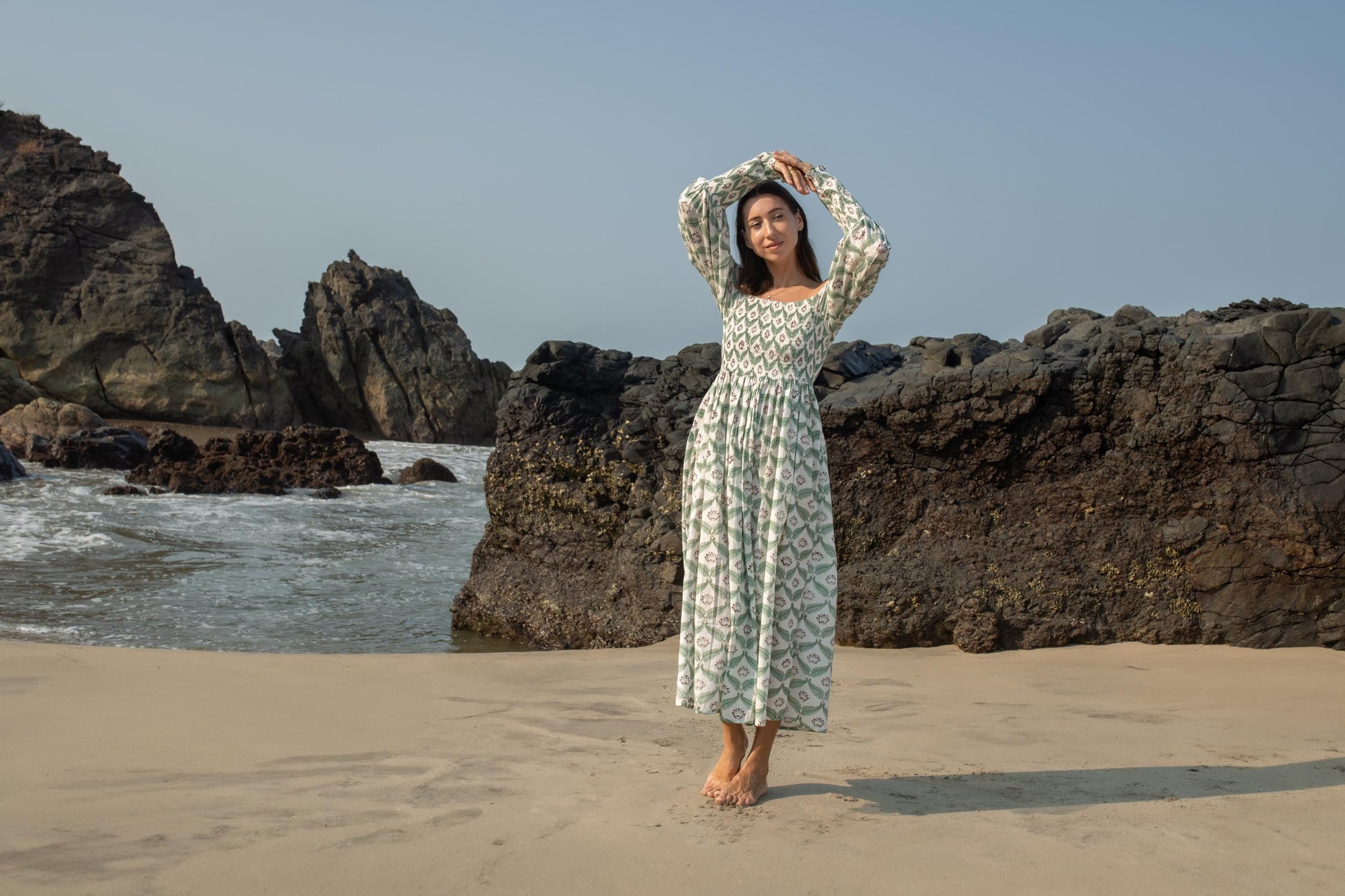 Hand Block Print Off Shoulder Dress, Floral Maxi Dress, Summer Indian Dress, Bohemian Gypsy Dress, Beach Wedding Dress, Long Sleeve Dress