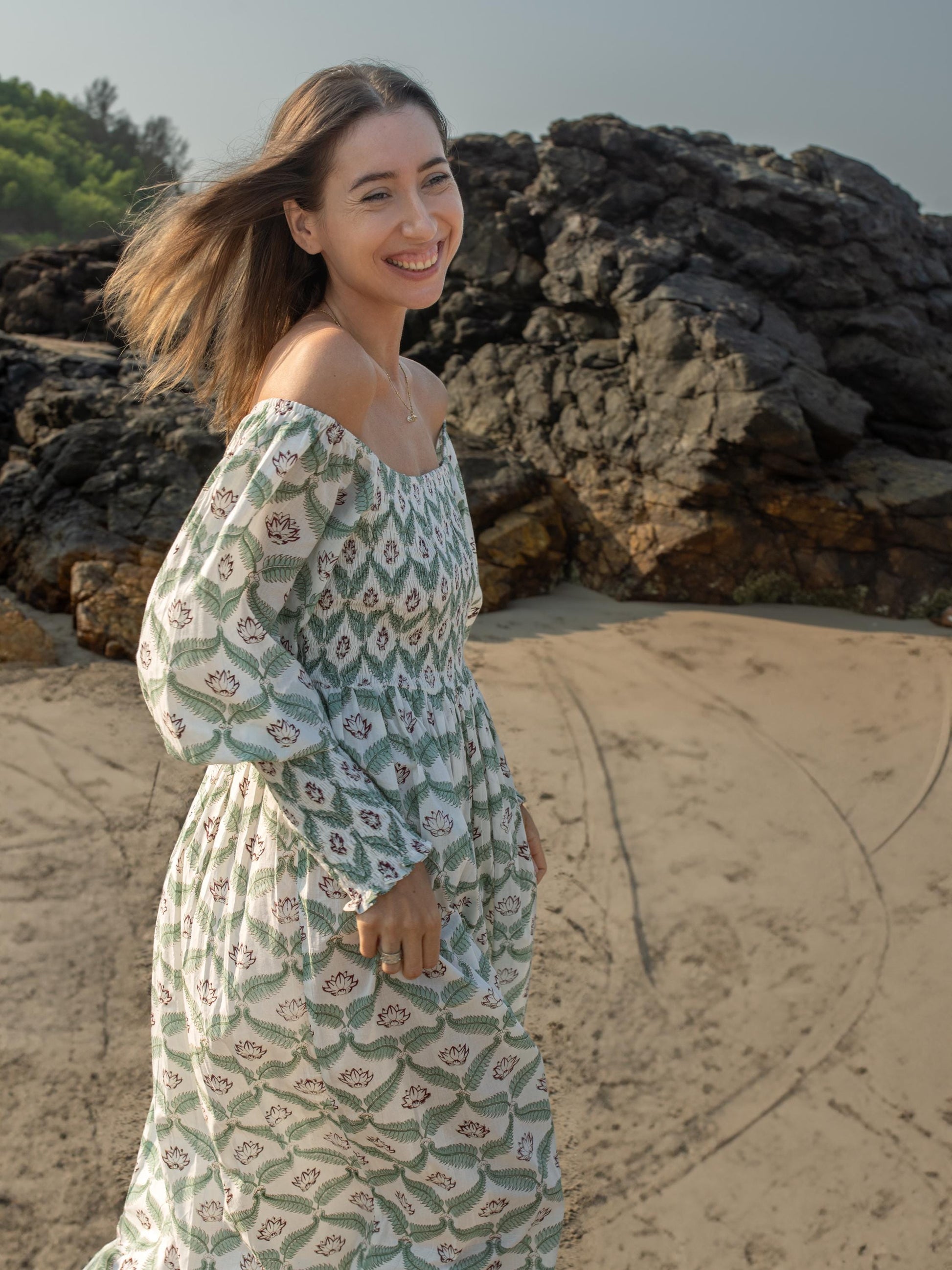 Hand Block Print Off Shoulder Dress, Floral Maxi Dress, Summer Indian Dress, Bohemian Gypsy Dress, Beach Wedding Dress, Long Sleeve Dress