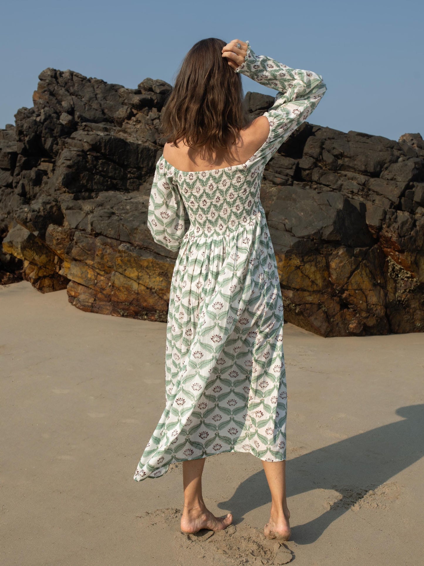 Hand Block Print Off Shoulder Dress, Floral Maxi Dress, Summer Indian Dress, Bohemian Gypsy Dress, Beach Wedding Dress, Long Sleeve Dress