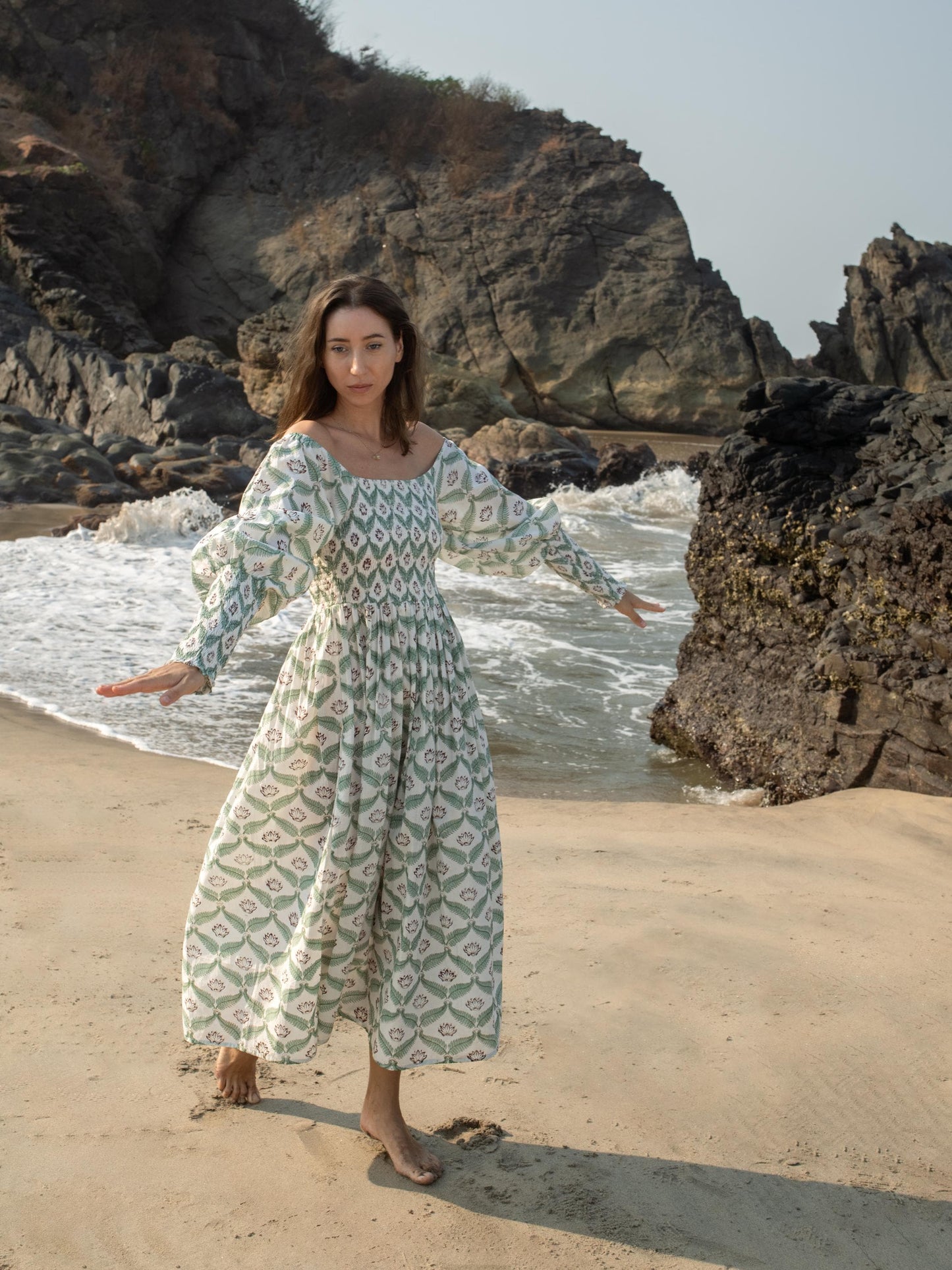 Hand Block Print Off Shoulder Dress, Floral Maxi Dress, Summer Indian Dress, Bohemian Gypsy Dress, Beach Wedding Dress, Long Sleeve Dress