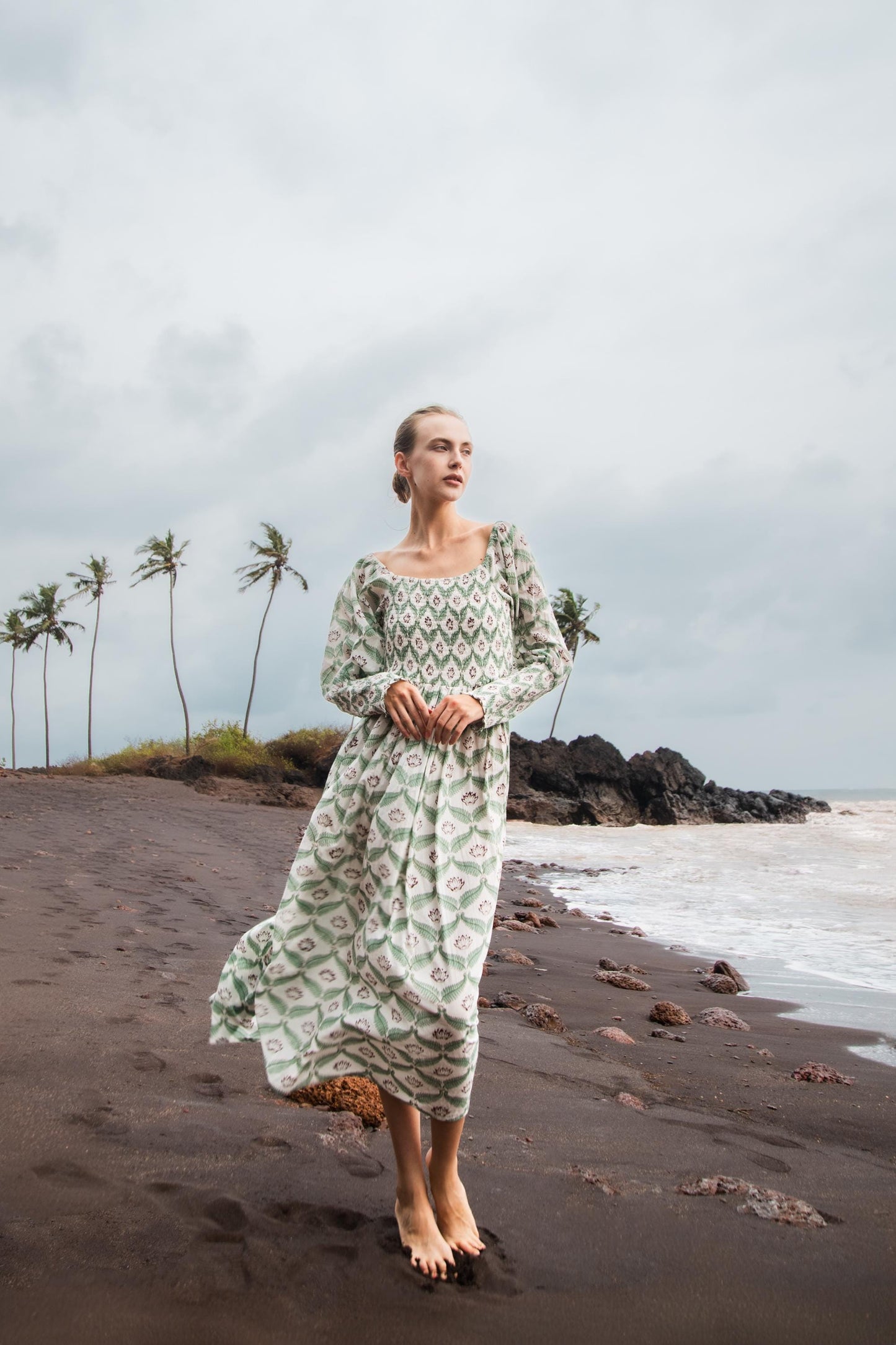 Hand Block Print Off Shoulder Dress, Floral Maxi Dress, Summer Indian Dress, Bohemian Gypsy Dress, Beach Wedding Dress, Long Sleeve Dress