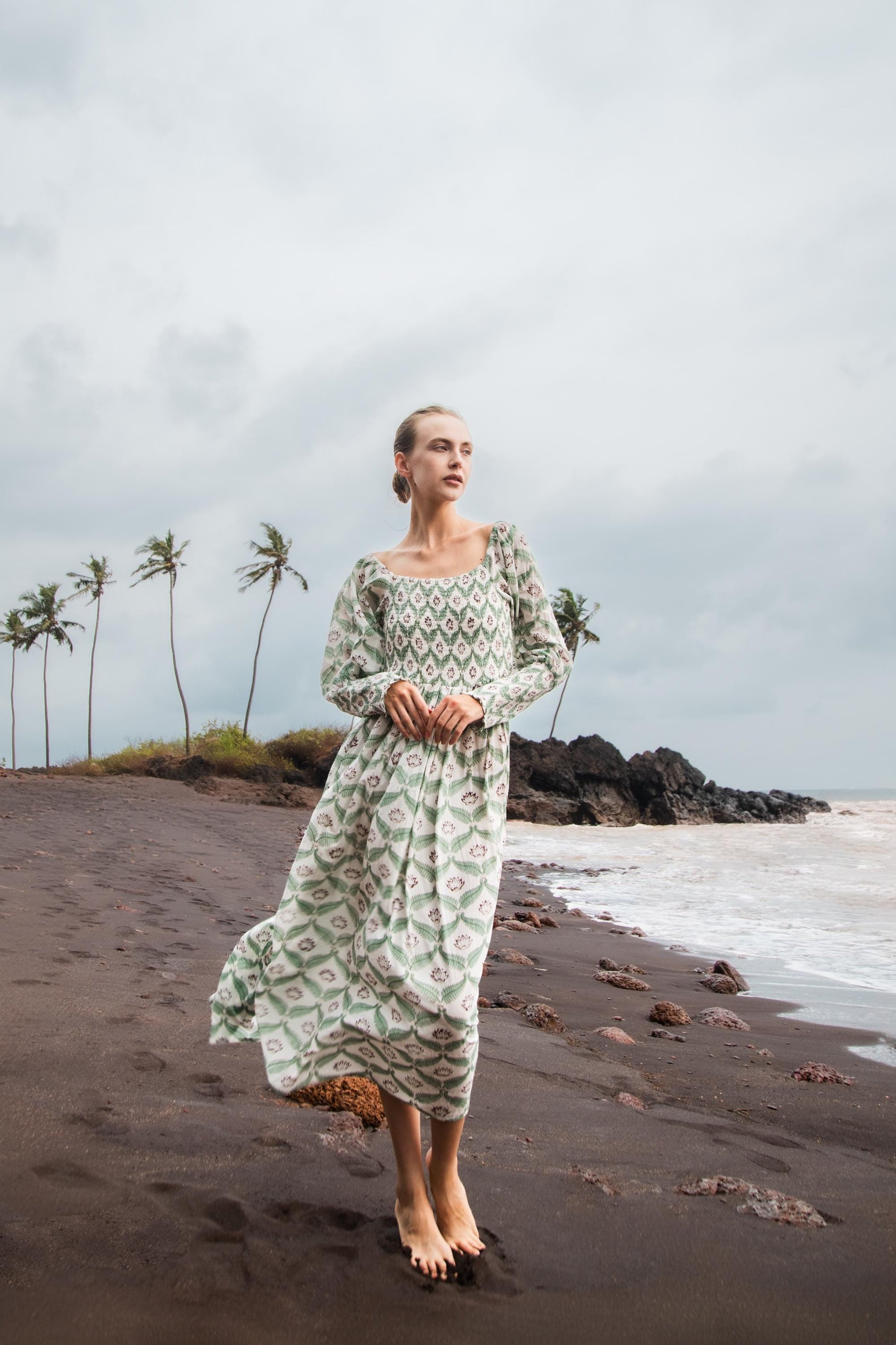 Hand Block Print Off Shoulder Dress, Floral Maxi Dress, Summer Indian Dress, Bohemian Gypsy Dress, Beach Wedding Dress, Long Sleeve Dress