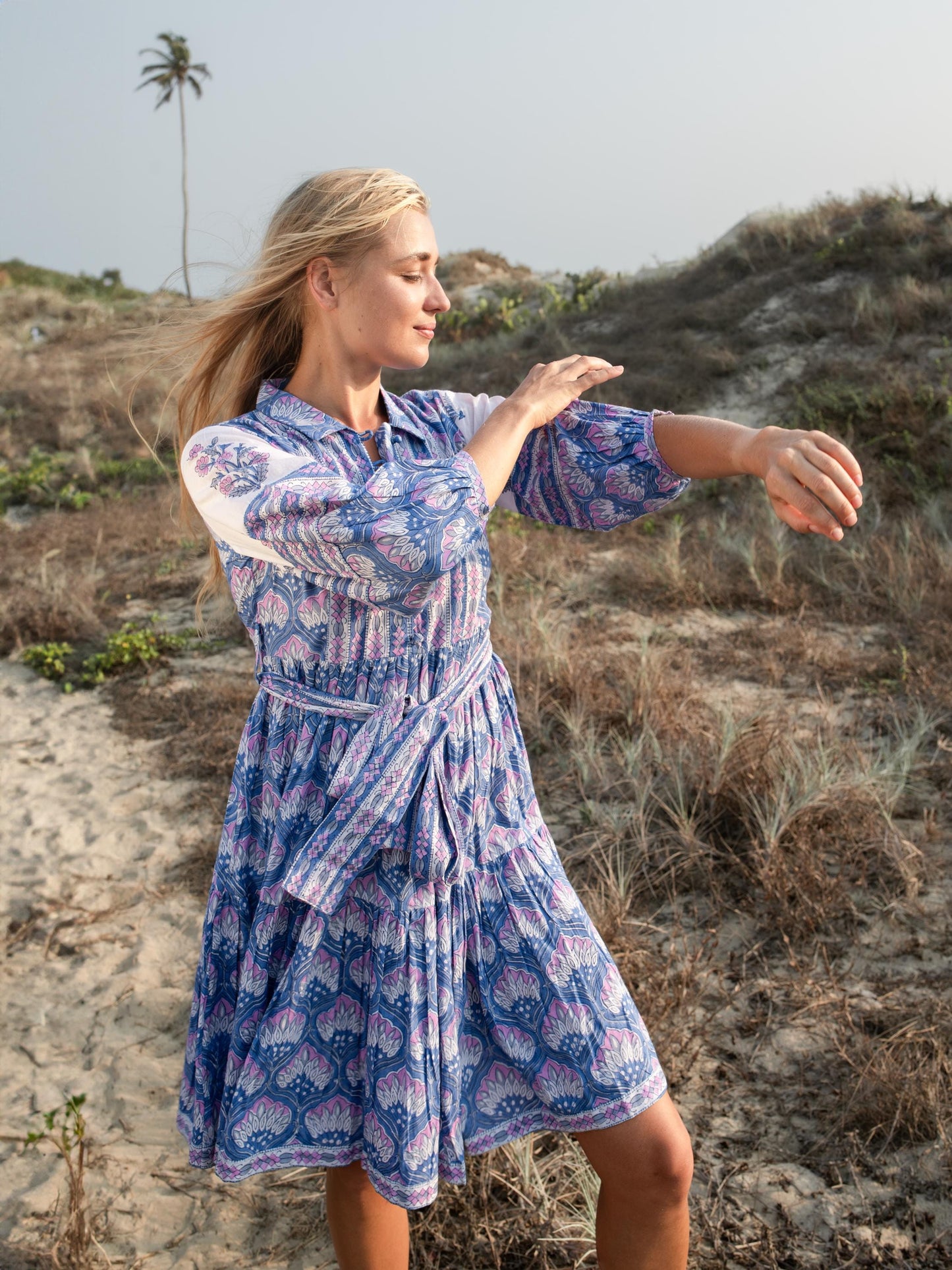 Purple Floral Hand Block Print Mini Dress | Boho Short Belt Cotton Dress | Summer Beach Dresses | Indian Print Custom Dress Gift For Wife