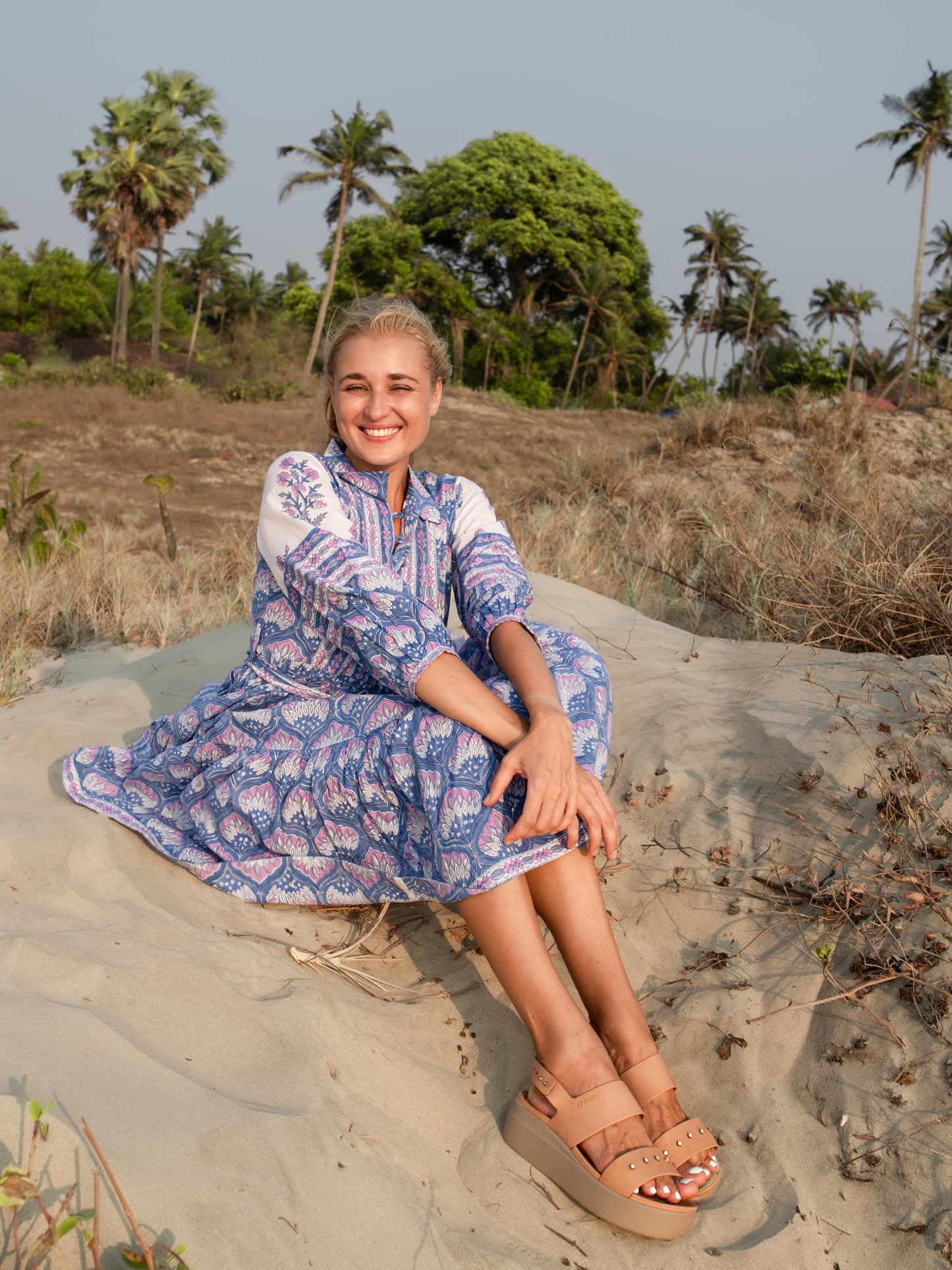 Purple Floral Hand Block Print Mini Dress | Boho Short Belt Cotton Dress | Summer Beach Dresses | Indian Print Custom Dress Gift For Wife