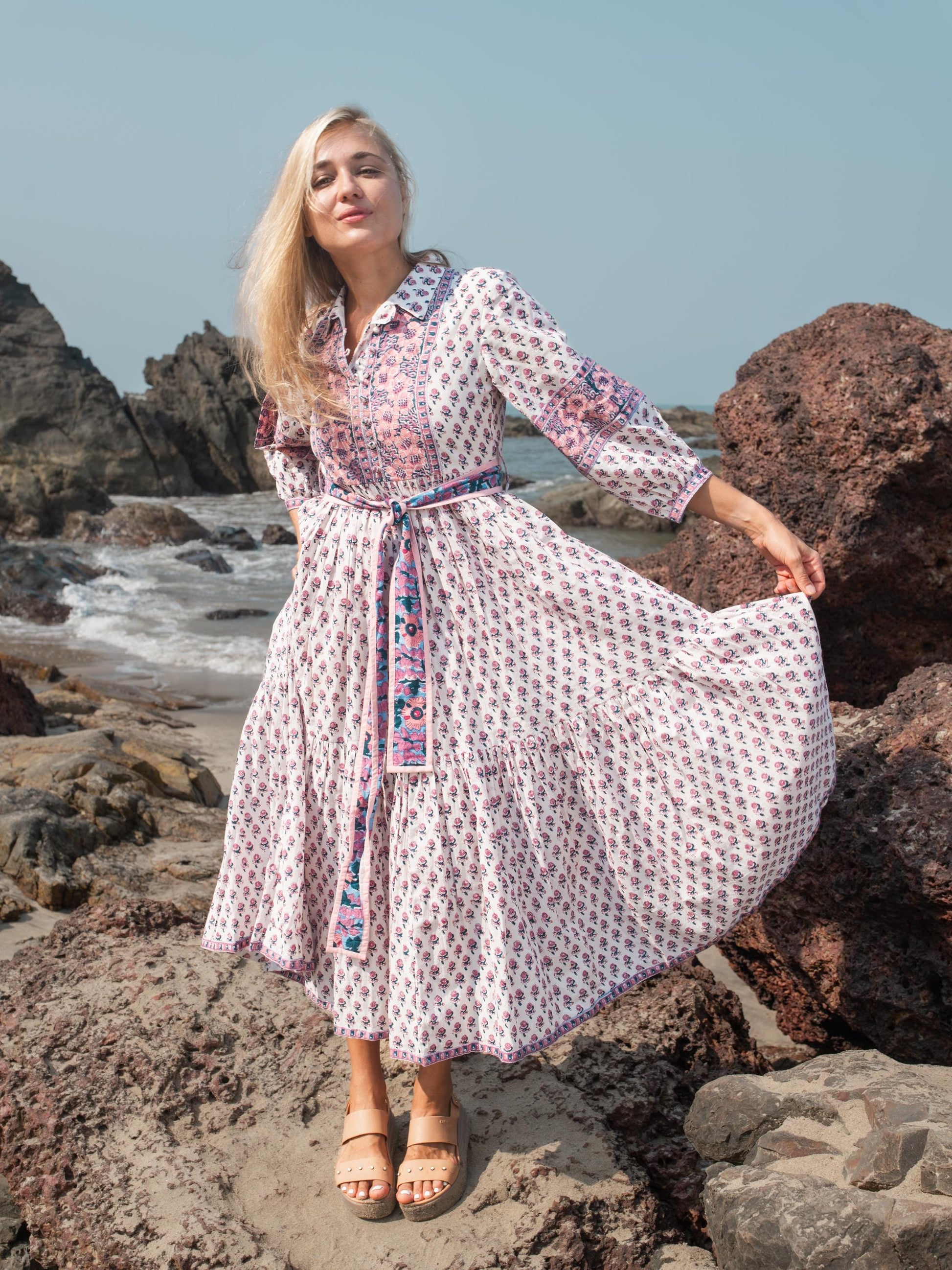 Floral Hand Block Print Maxi Dress | Boho Long Belt Cotton Dress | Summer Beach Dresses | Indian Print Modern Custom Dress Gift For Mother