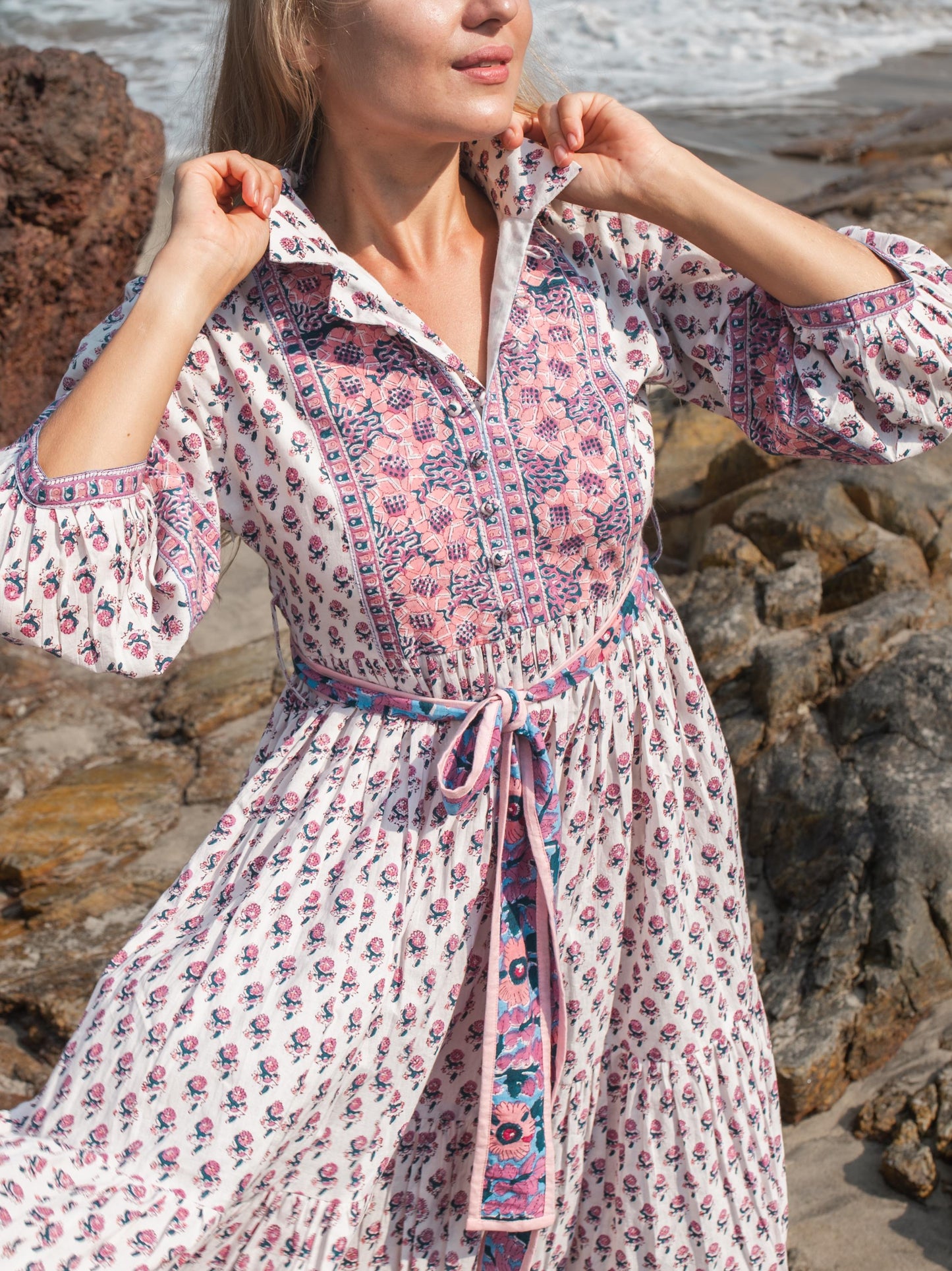 Floral Hand Block Print Maxi Dress | Boho Long Belt Cotton Dress | Summer Beach Dresses | Indian Print Modern Custom Dress Gift For Mother