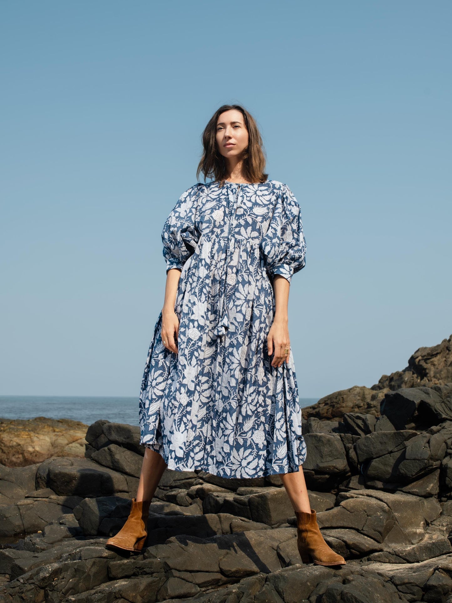 Blue Floral Hand Block Print Maxi Dress | Bohemian Cotton Dress | Summer Dresses for Women | Maternity  Feeding Boho Puff Sleeve Dress Kurta