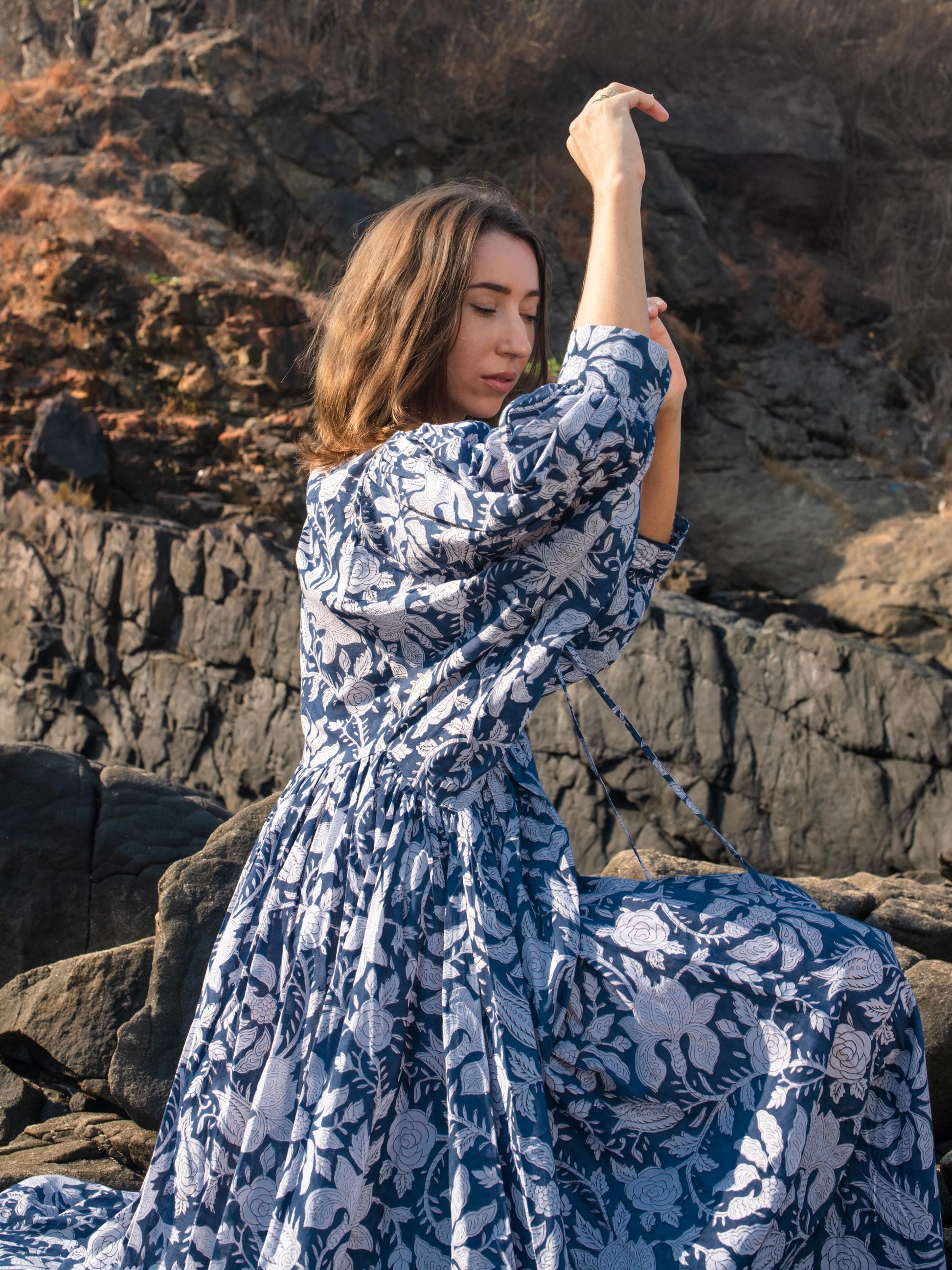 Blue Floral Hand Block Print Maxi Dress | Bohemian Cotton Dress | Summer Dresses for Women | Maternity  Feeding Boho Puff Sleeve Dress Kurta