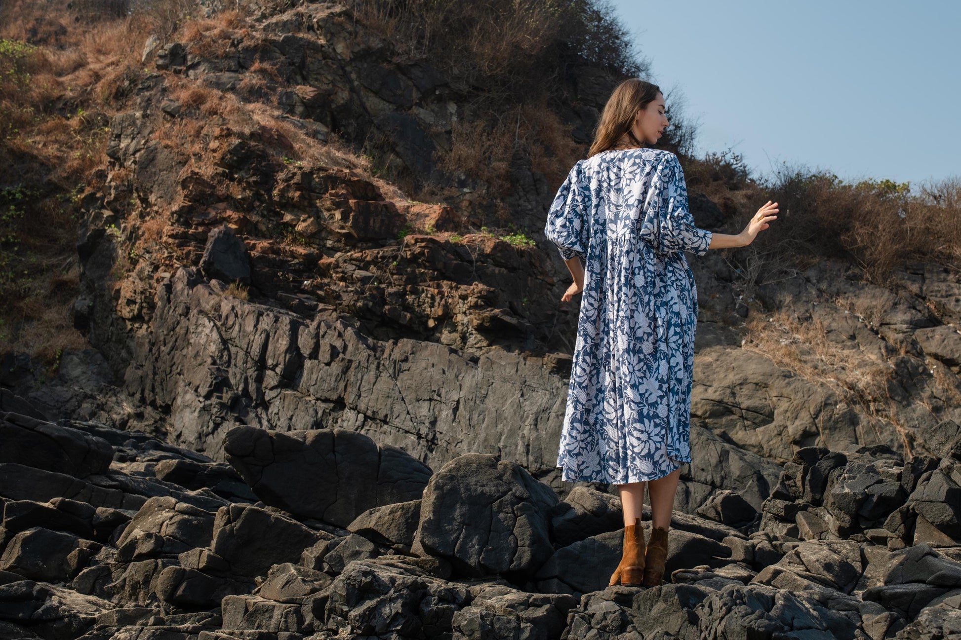 Blue Floral Hand Block Print Maxi Dress | Bohemian Cotton Dress | Summer Dresses for Women | Maternity  Feeding Boho Puff Sleeve Dress Kurta